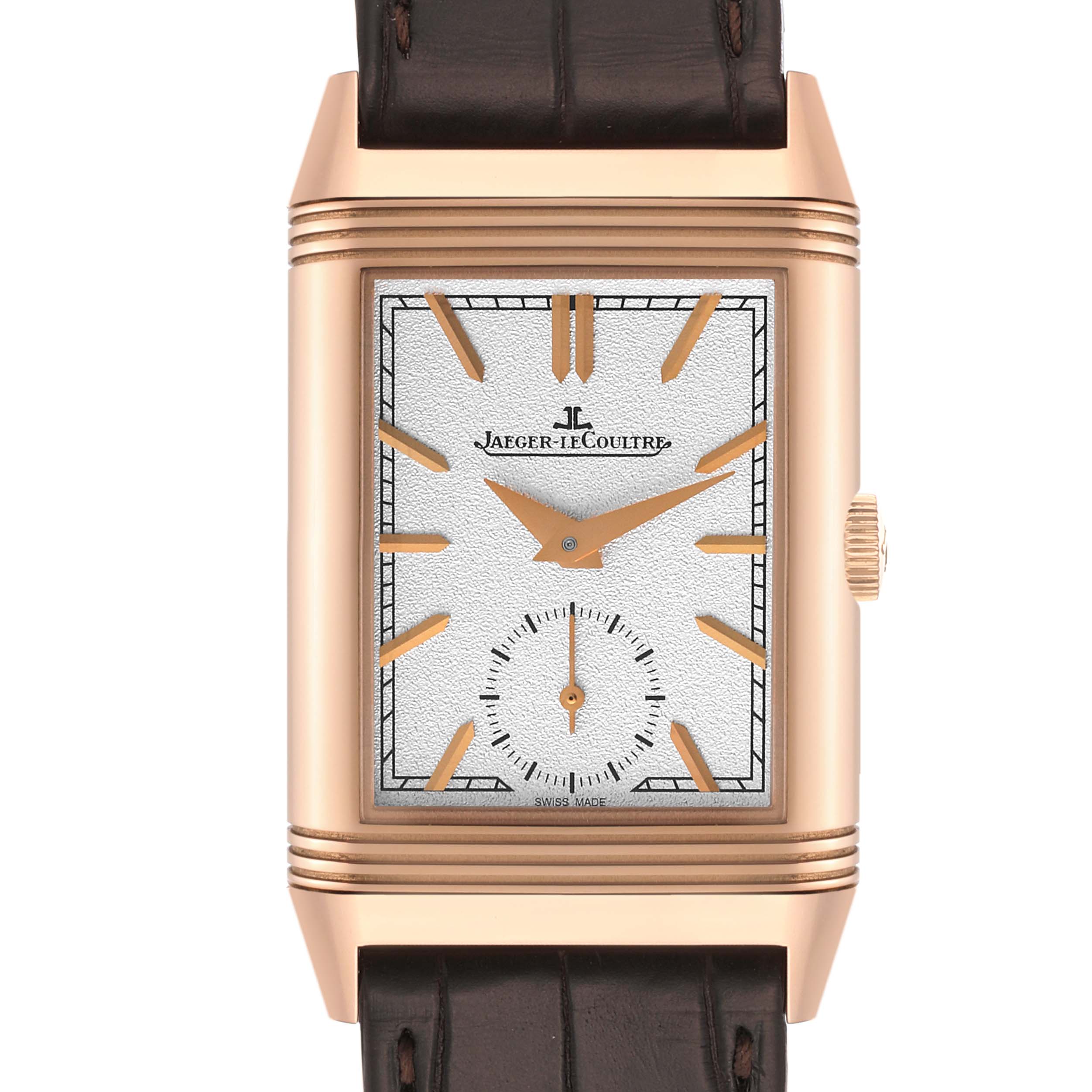 This Jaeger LeCoultre Reverso Q3902420 Men's Rose Gold Silver Dial Q3902420 Men's Rose Gold Silver Dial watch is shown from the front, displaying its rectangular face, crown, markers, hands, and leather strap.