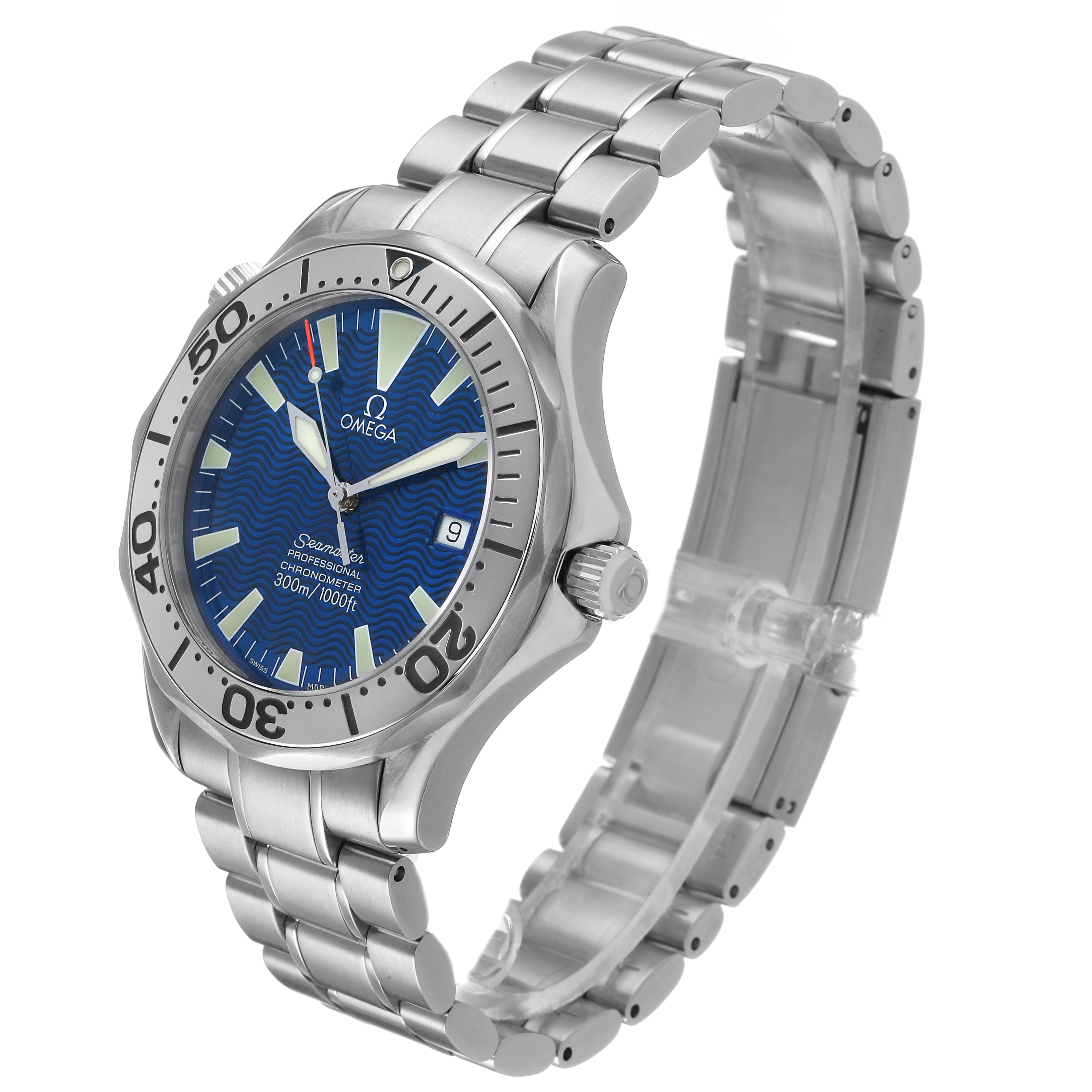 The Omega Seamaster 2255.80.00 Men's Stainless Steel Blue Dial watch is shown at a slight angle, highlighting the blue dial, silver bezel, crown, and metal bracelet.