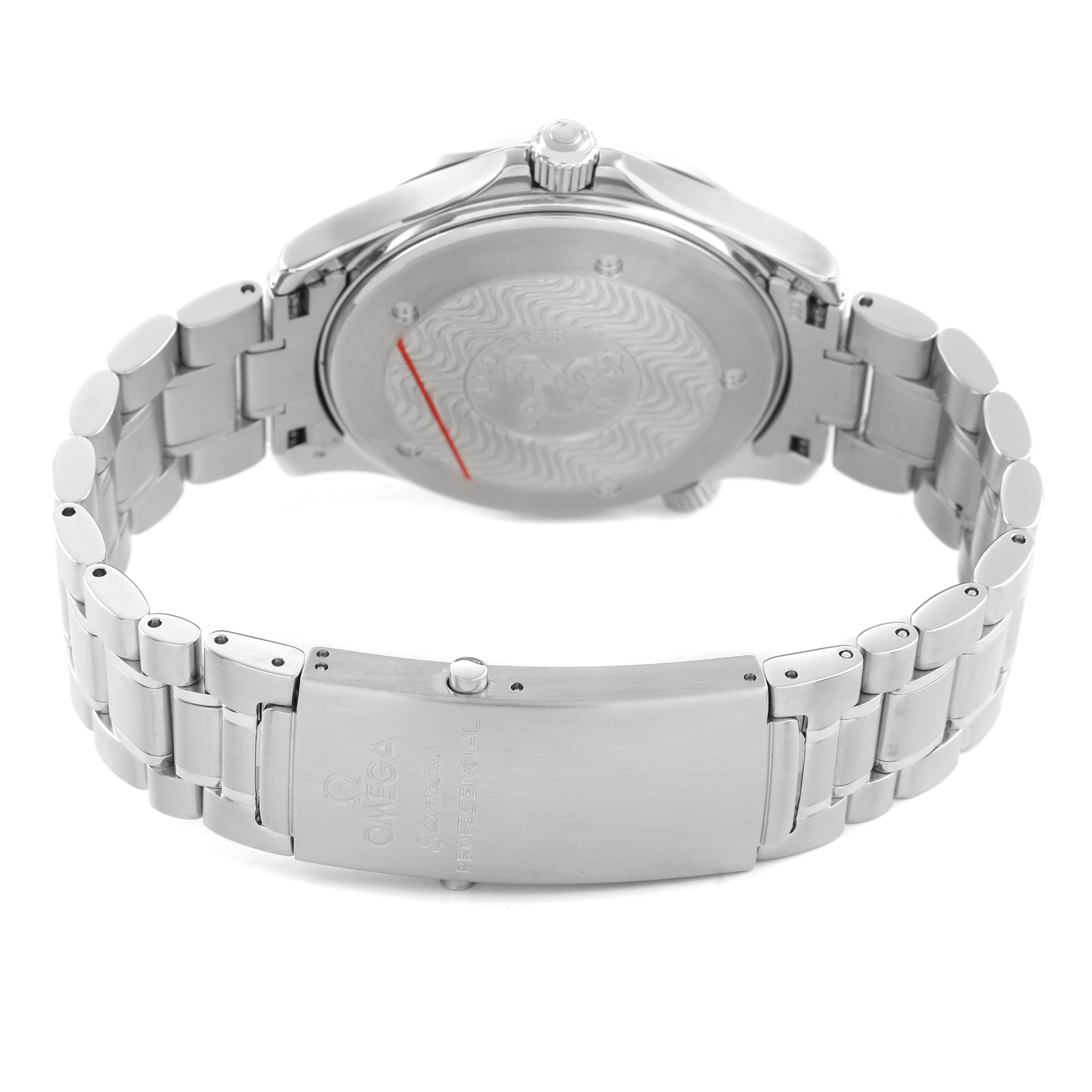 The image shows the back case and bracelet of an Omega Seamaster 2255.80.00 Men's Stainless Steel Blue Dial watch, highlighting the clasp and wave pattern on the case back.