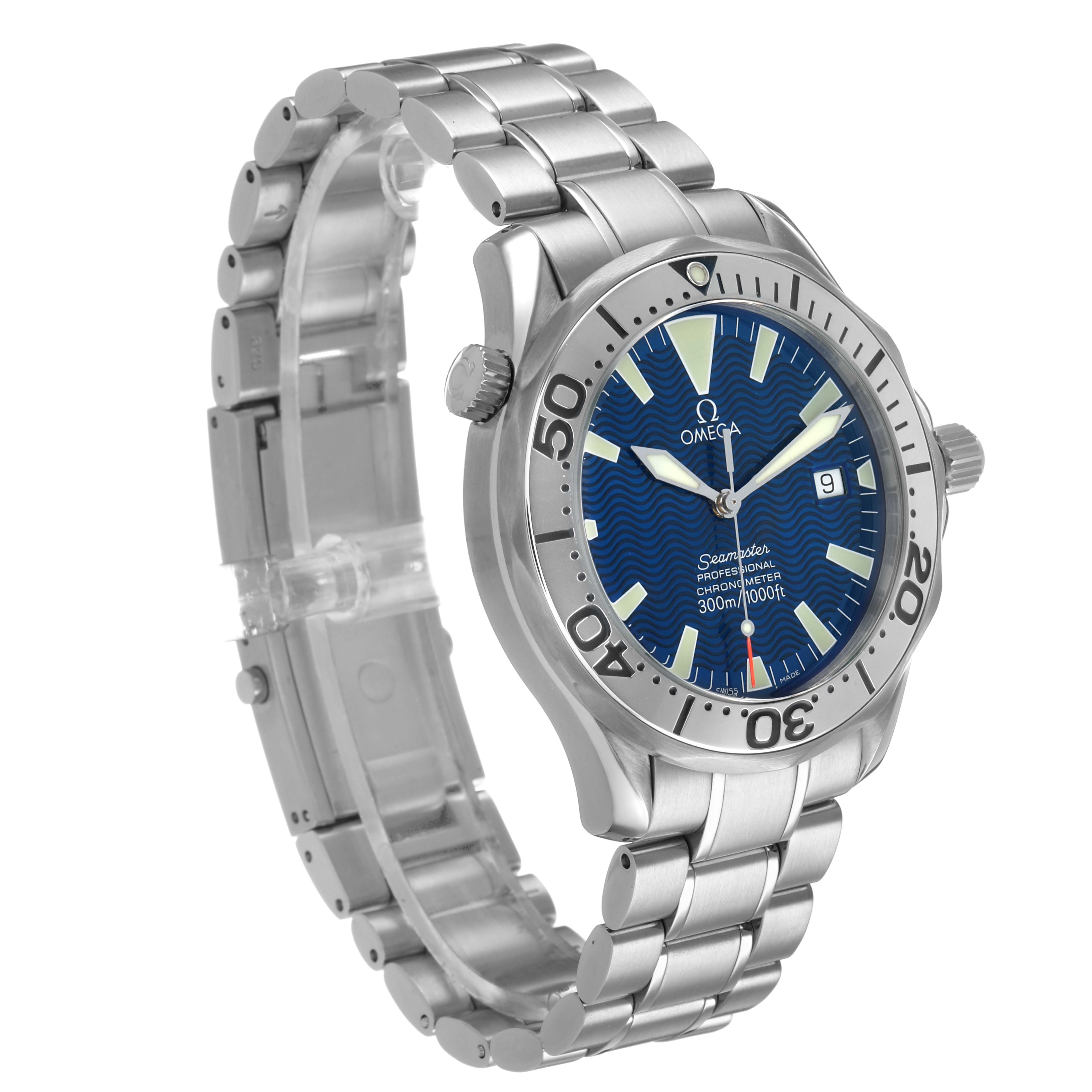 The Omega Seamaster 2255.80.00 Men's Stainless Steel Blue Dial watch is shown at a three-quarter angle, displaying the face, bezel, crown, and stainless steel bracelet.