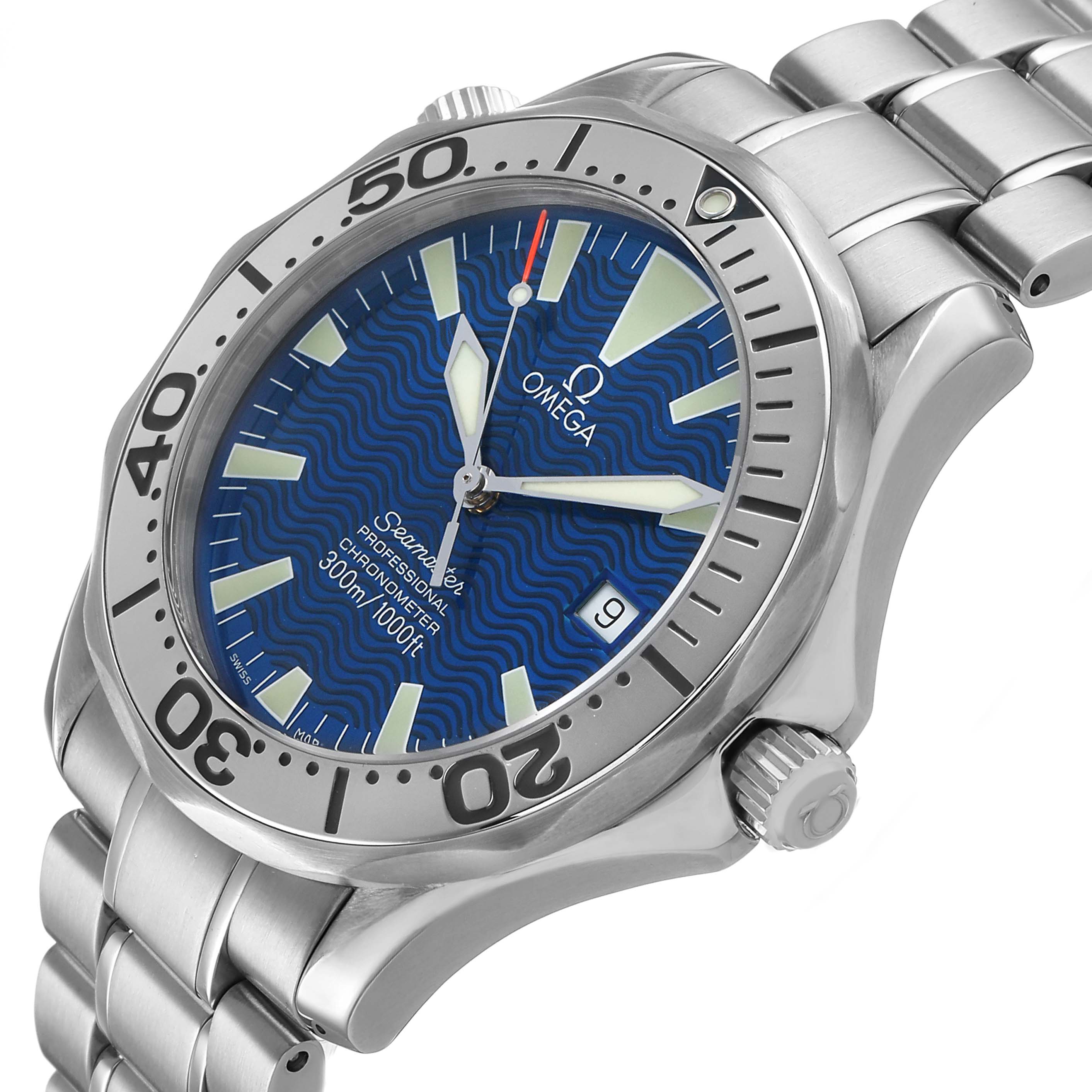 The Omega Seamaster 2255.80.00 Men's Stainless Steel Blue Dial watch is shown at an angle highlighting the face, bezel, crown, and part of the bracelet.