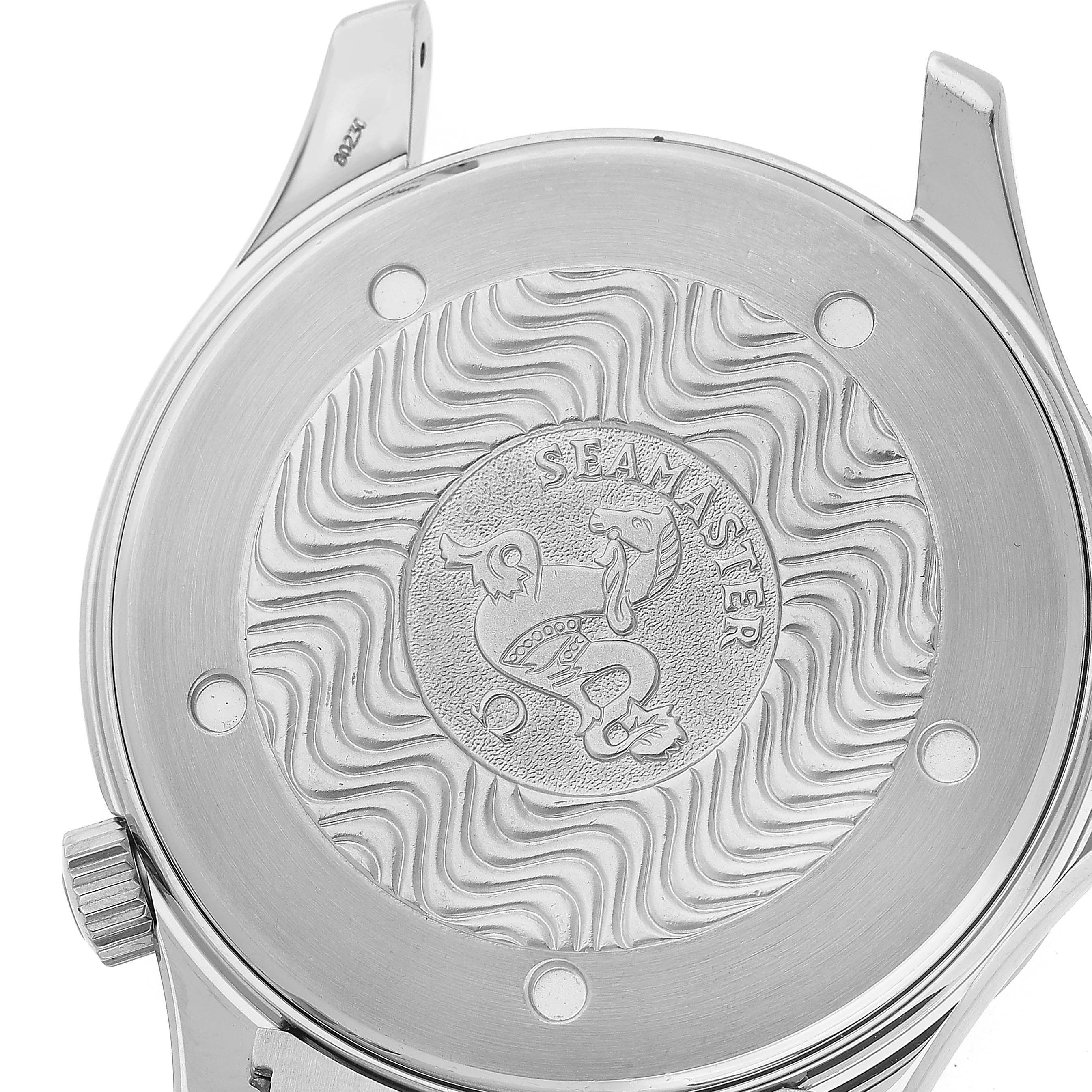 The image shows the back case of an Omega Seamaster 2255.80.00 Men's Stainless Steel Blue Dial watch, highlighting its embossed design.