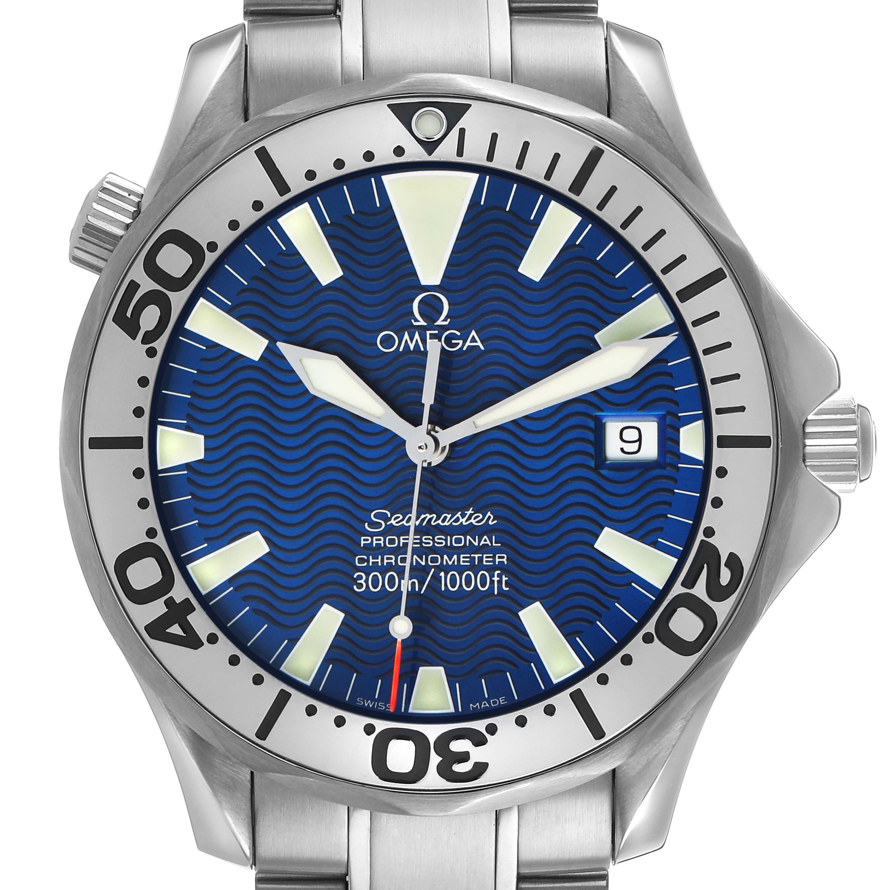 The Omega Seamaster 2255.80.00 Men's Stainless Steel Blue Dial watch is shown from the front, highlighting the bezel, dial, hands, date window, and a portion of the bracelet.