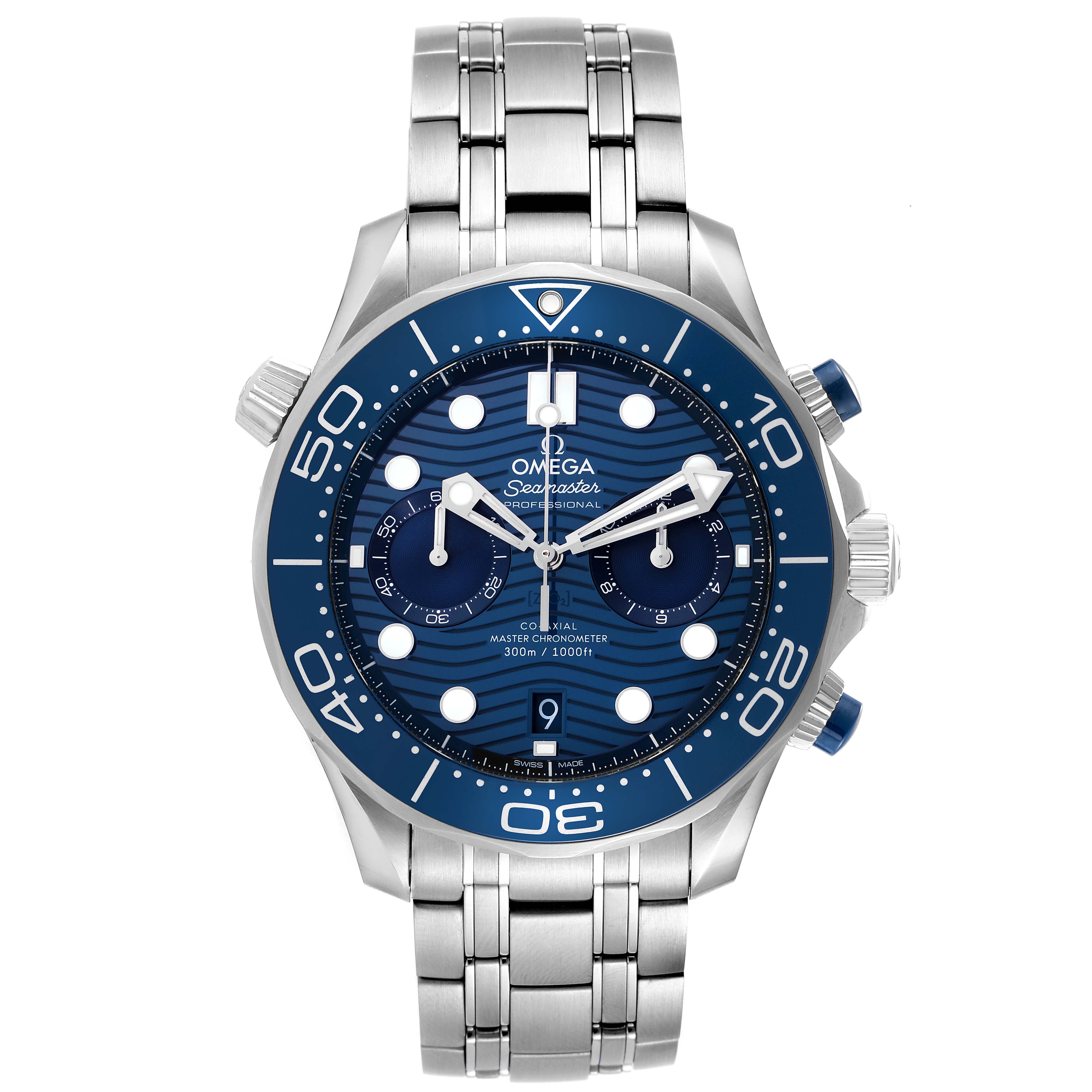 The Omega Seamaster 210.30.44.51.03.001 Men
s Stainless Steel Blue Dial 210.30.44.51.03.001 Men
s Stainless Steel Blue Dial watch is shown face-on, highlighting the dial, bezel, crown, subdials, and bracelet.