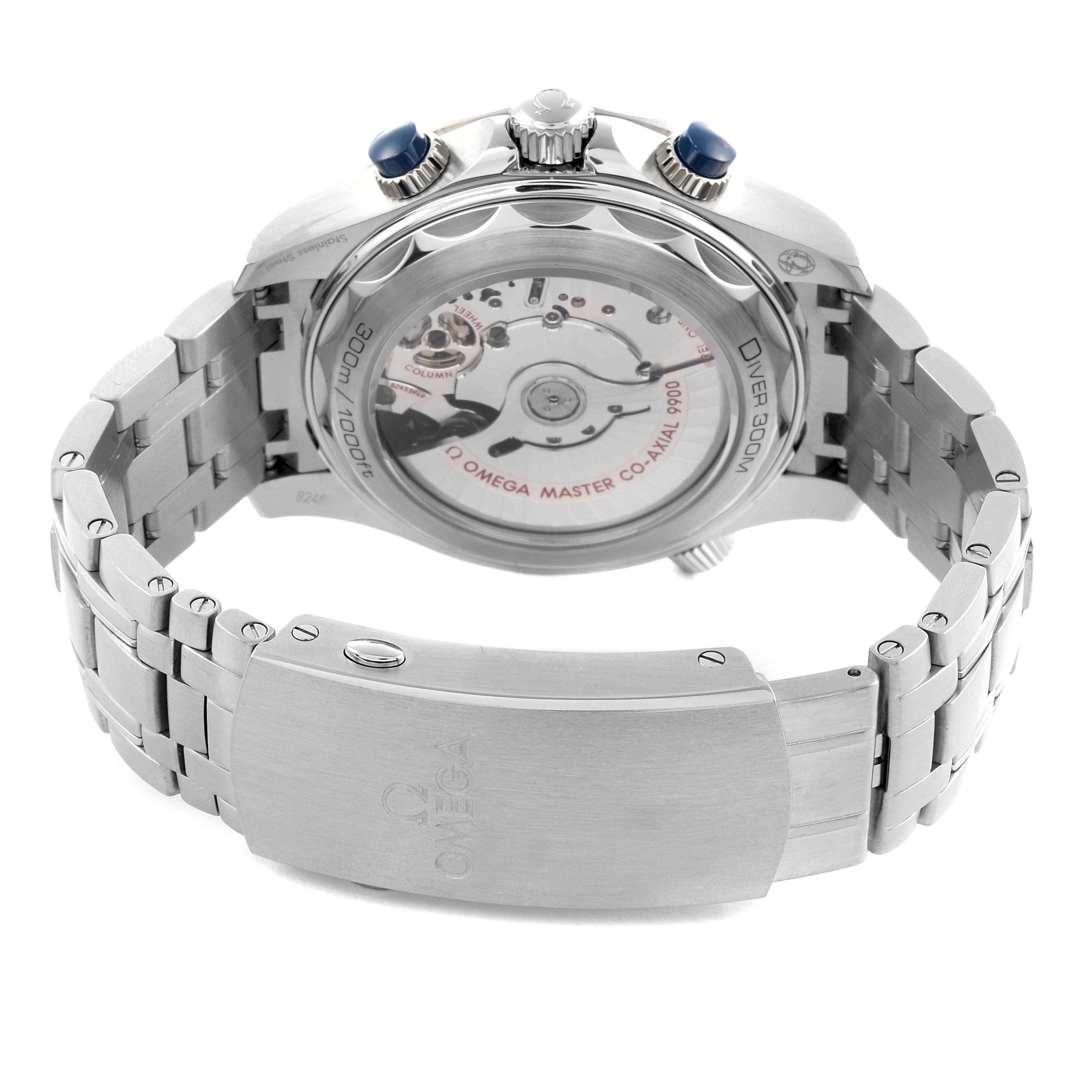 The Omega Seamaster 210.30.44.51.03.001 Men
s Stainless Steel Blue Dial 210.30.44.51.03.001 Men
s Stainless Steel Blue Dial watch is shown from the back, displaying the movement and a metal bracelet with a clasp.