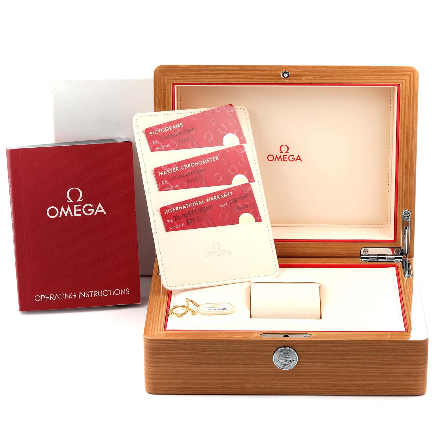 The image shows the packaging for the Omega Seamaster 210.30.44.51.03.001 Men
s Stainless Steel Blue Dial 210.30.44.51.03.001 Men
s Stainless Steel Blue Dial, including the box, warranty cards, and operating instructions.
