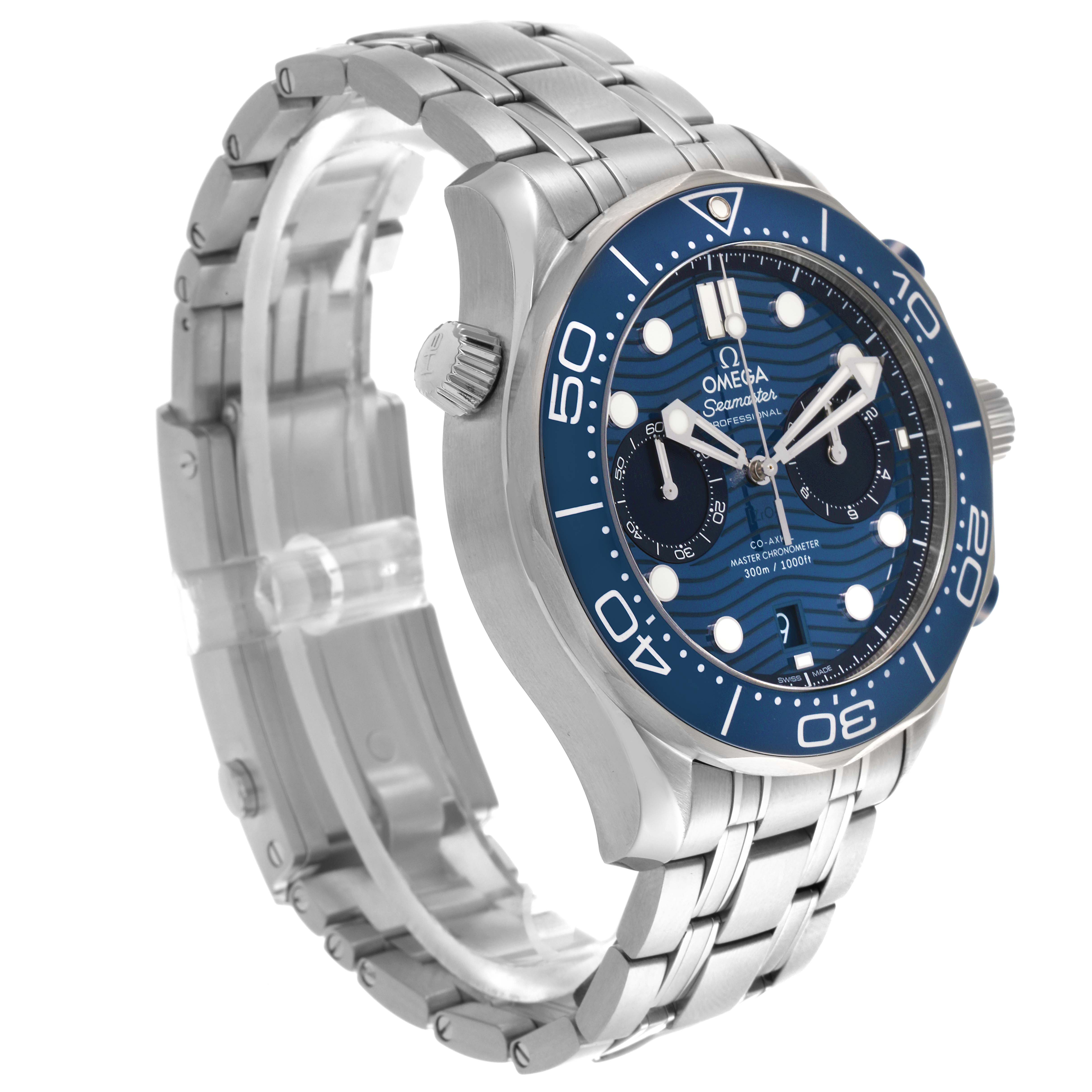 The Omega Seamaster 210.30.44.51.03.001 Men
s Stainless Steel Blue Dial 210.30.44.51.03.001 Men
s Stainless Steel Blue Dial watch is shown from a three-quarter angle, highlighting the bezel, dial, and bracelet.