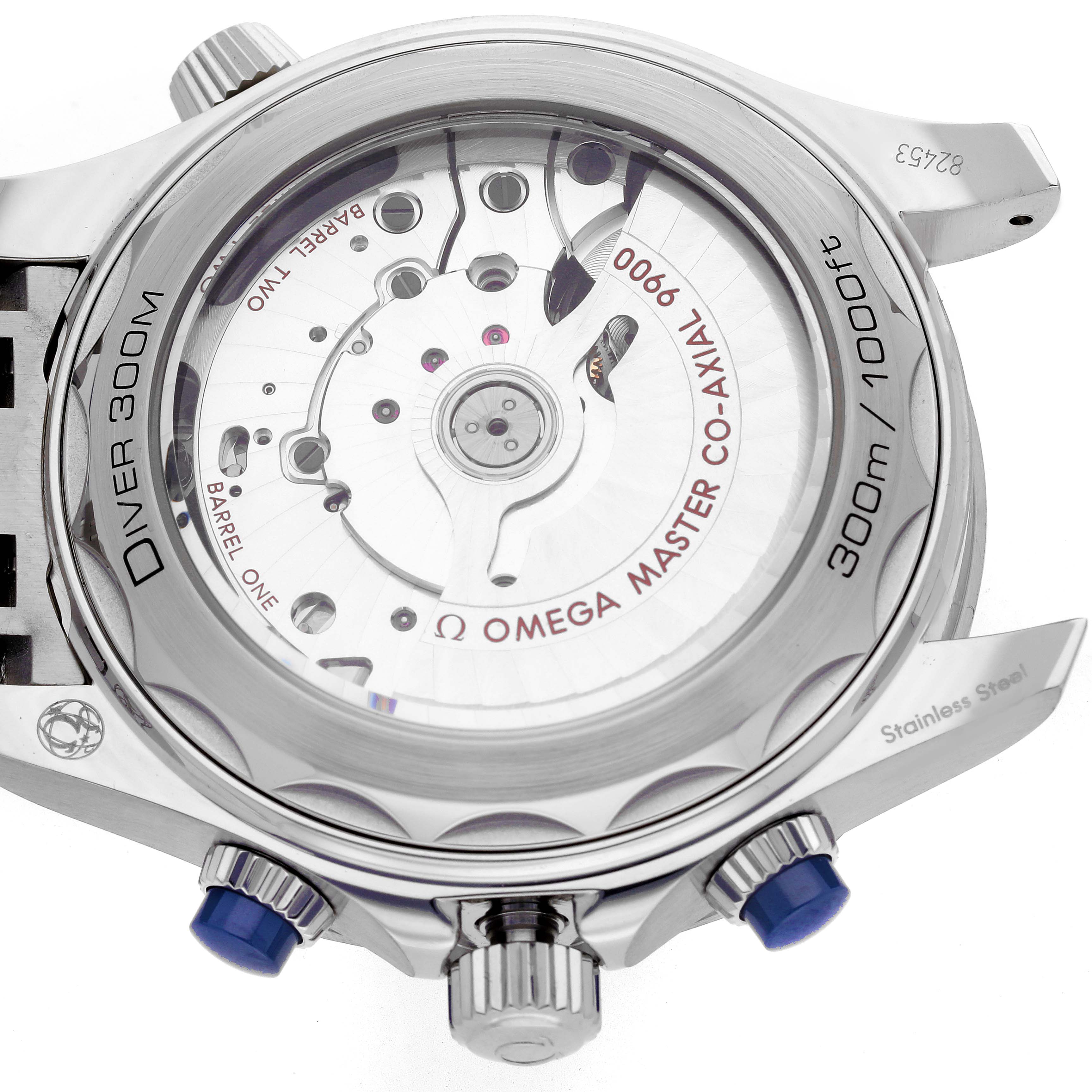 The image shows the case back of the Omega Seamaster 210.30.44.51.03.001 Men
s Stainless Steel Blue Dial 210.30.44.51.03.001 Men
s Stainless Steel Blue Dial, highlighting the movement and inscriptions on its transparent back.