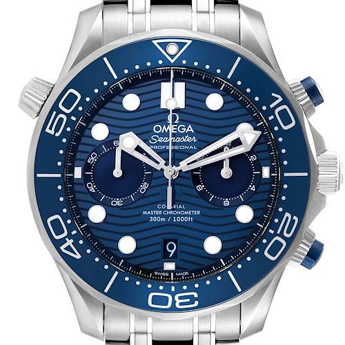 The image shows a frontal view of the Omega Seamaster, highlighting the dial, bezel, and case with a stainless steel bracelet.