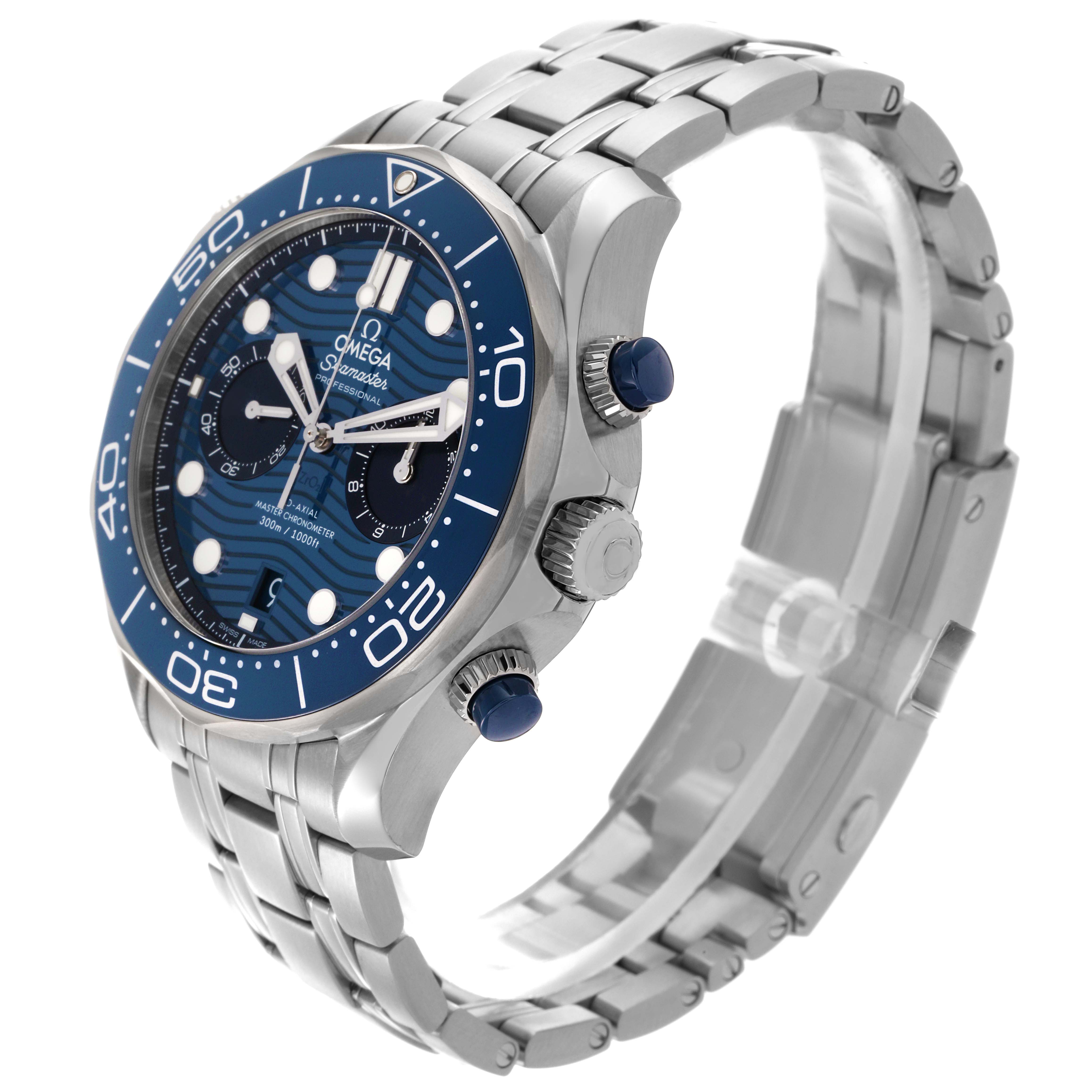 The Omega Seamaster 210.30.44.51.03.001 Men
s Stainless Steel Blue Dial 210.30.44.51.03.001 Men
s Stainless Steel Blue Dial watch is shown at a three-quarter angle highlighting its face, crown, bezel, and stainless steel bracelet.