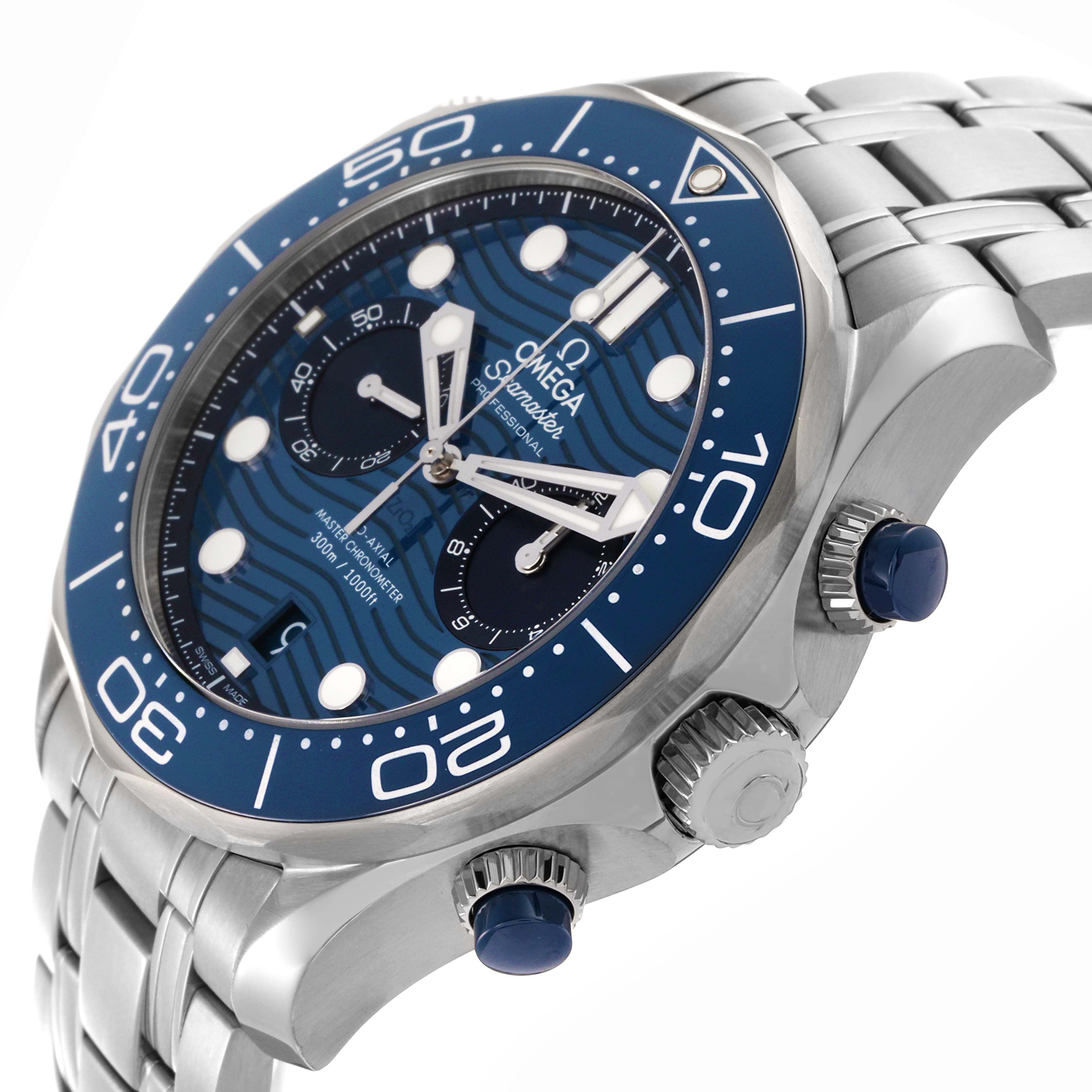 The Omega Seamaster 210.30.44.51.03.001 Men
s Stainless Steel Blue Dial 210.30.44.51.03.001 Men
s Stainless Steel Blue Dial watch is shown at an angle highlighting the dial, bezel, crown, and part of the bracelet.