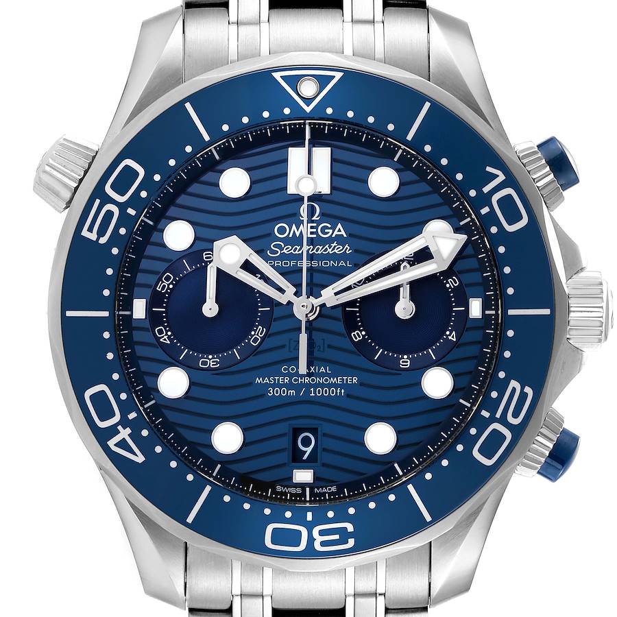 The image shows a front view of the Omega Seamaster watch, highlighting its blue dial, bezel, and stainless steel bracelet.