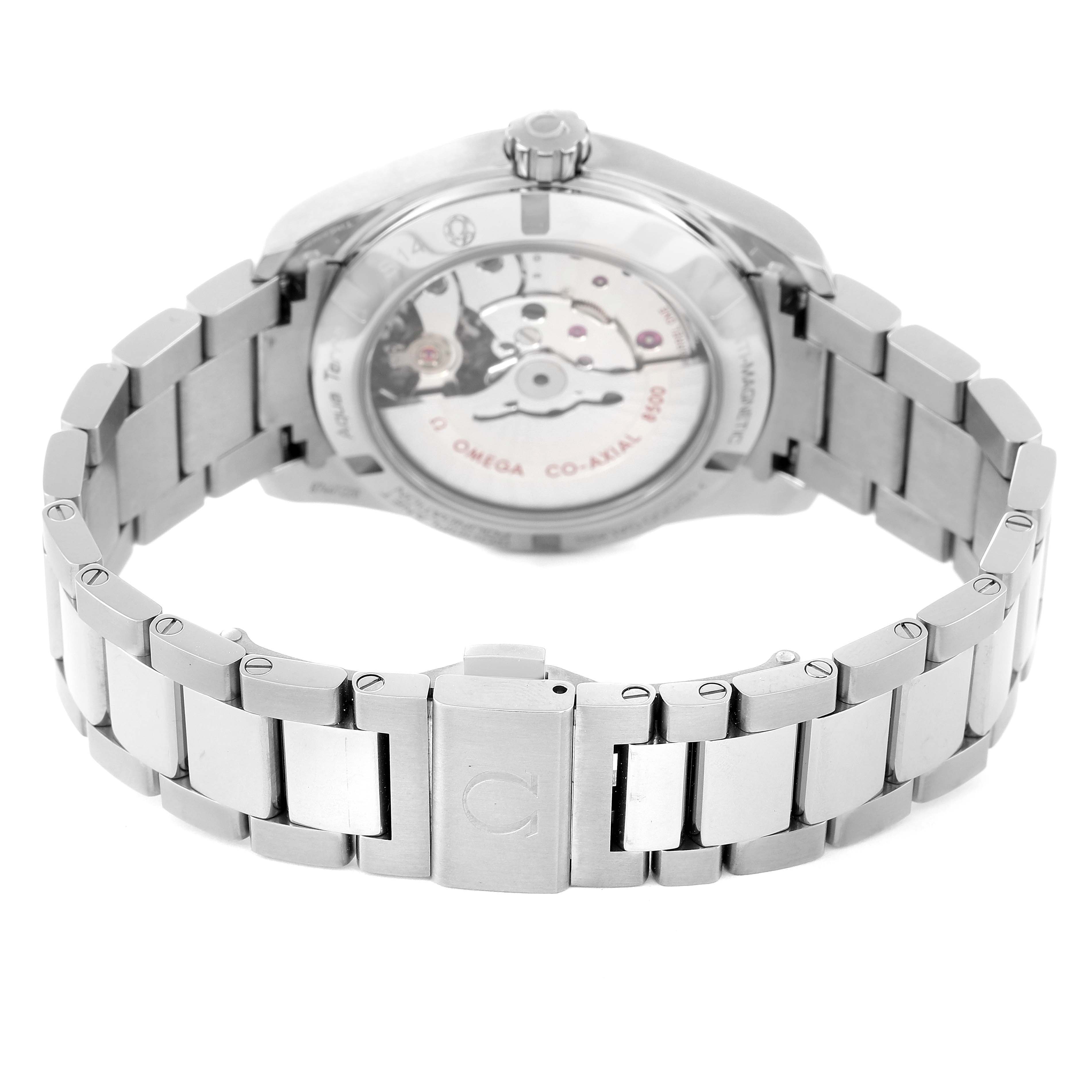 This image shows the back view of the Omega Aqua Terra 231.90.39.21.04.001 Men's Titanium White Dial 231.90.39.21.04.001 Men's Titanium White Dial watch and its metallic bracelet.