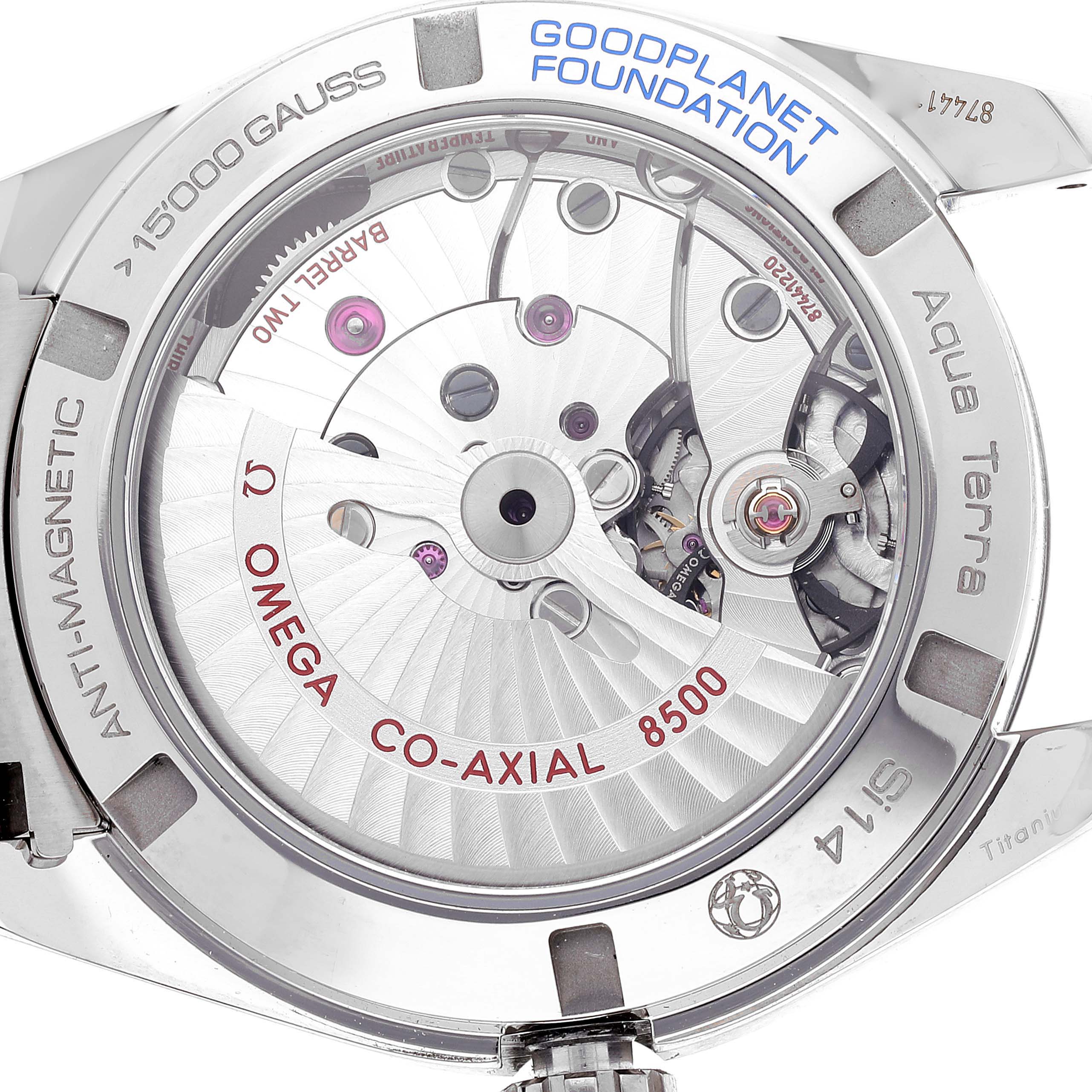 This image shows the transparent case back of an Omega Aqua Terra 231.90.39.21.04.001 Men's Titanium White Dial 231.90.39.21.04.001 Men's Titanium White Dial watch, revealing the Co-Axial 8500 movement.