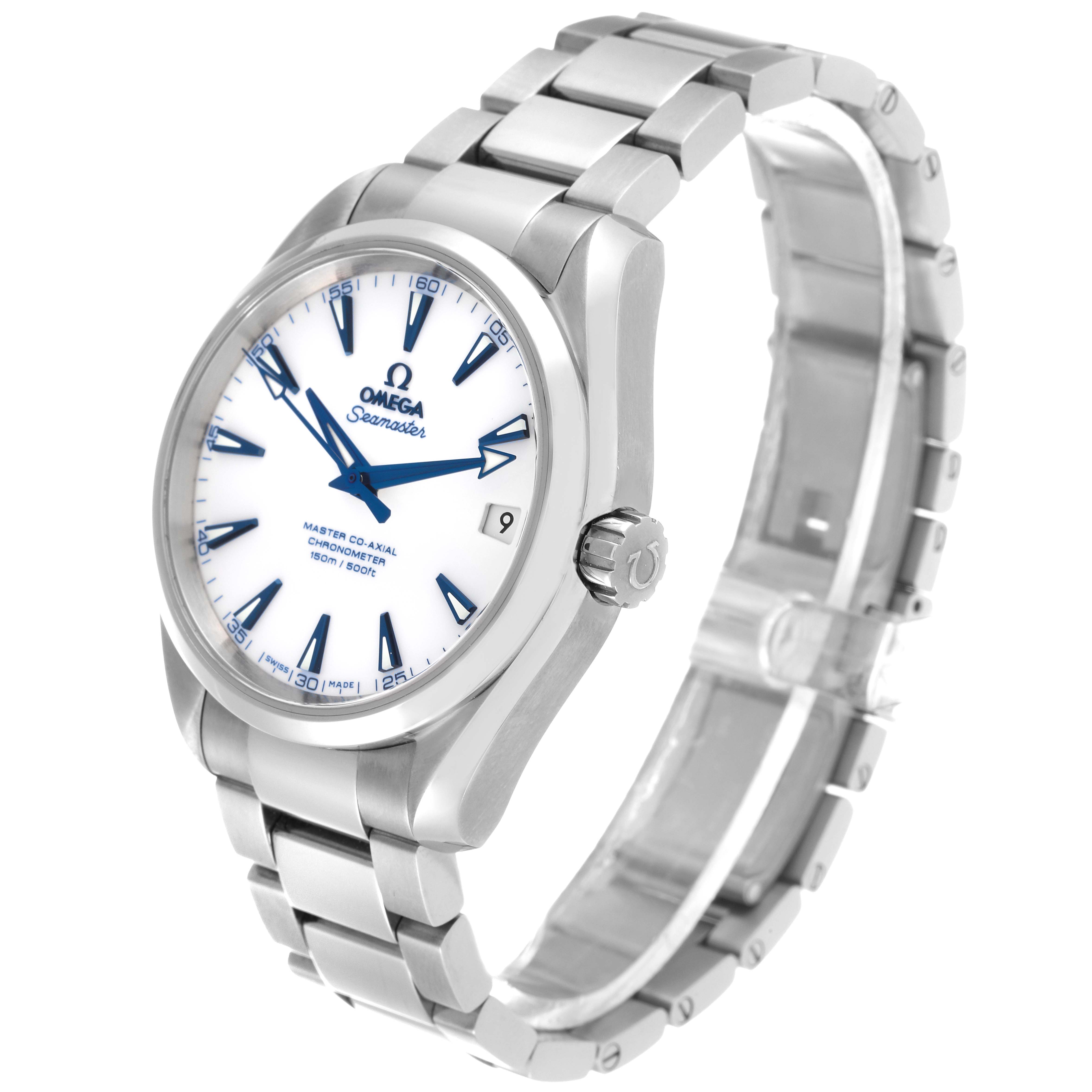 The image shows an Omega Aqua Terra 231.90.39.21.04.001 Men's Titanium White Dial 231.90.39.21.04.001 Men's Titanium White Dial watch from an angled side view, highlighting its bracelet, crown, and face.