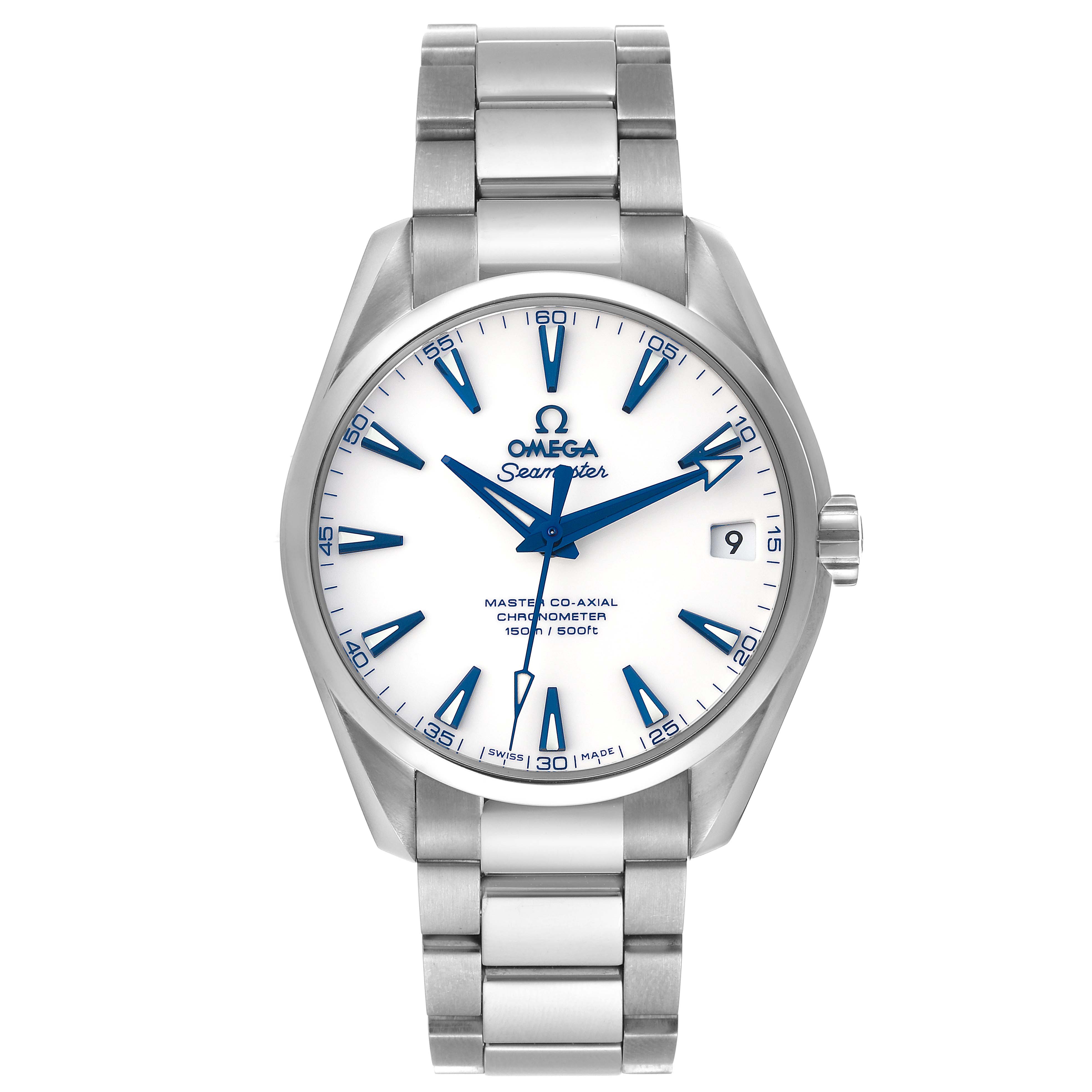 The image shows a front view of the Omega Aqua Terra 231.90.39.21.04.001 Men's Titanium White Dial 231.90.39.21.04.001 Men's Titanium White Dial watch, highlighting the face, hands, date display, and bracelet.