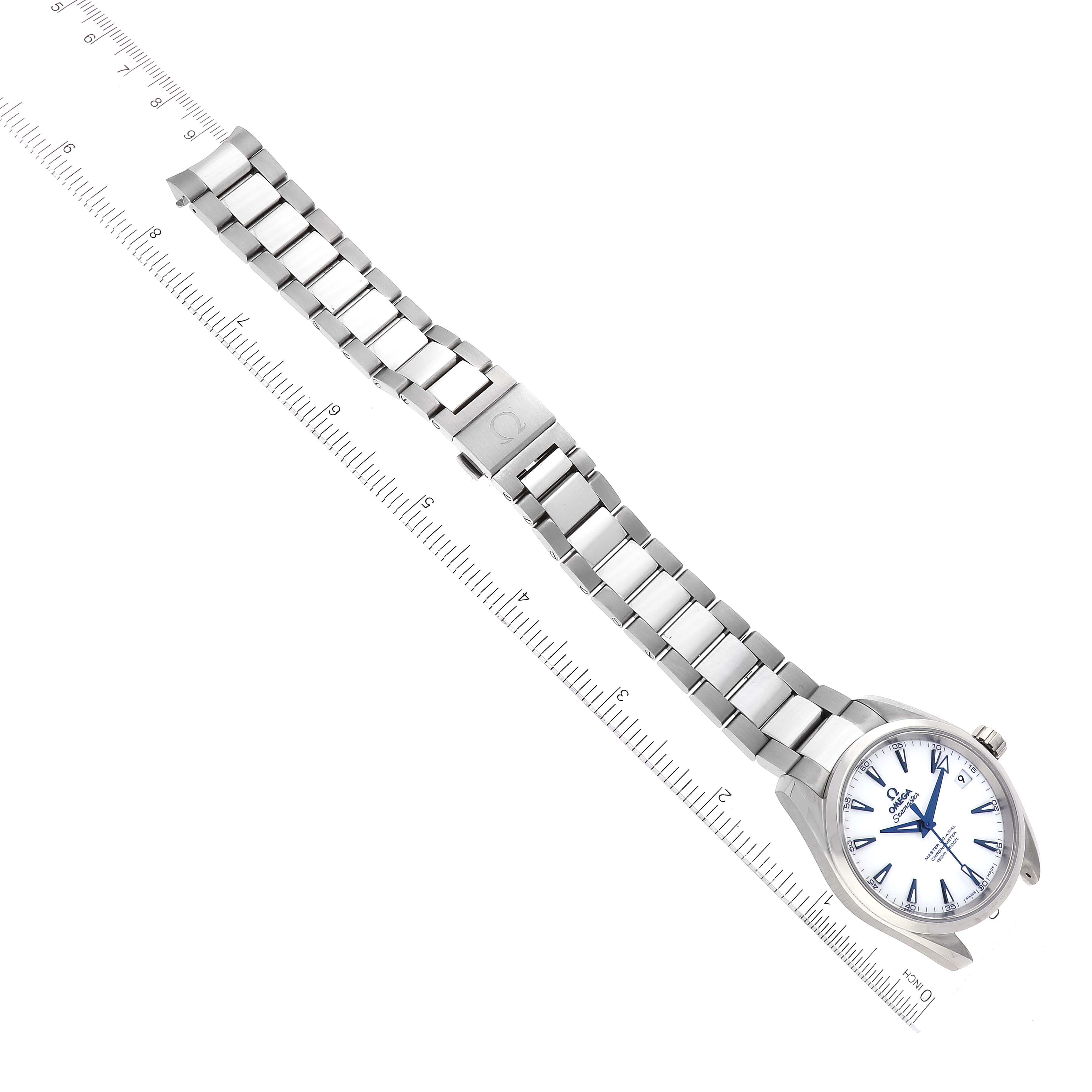 The image shows an Omega Aqua Terra 231.90.39.21.04.001 Men's Titanium White Dial 231.90.39.21.04.001 Men's Titanium White Dial watch diagonally laid out with its full metal bracelet clearly visible, alongside a ruler for scale.