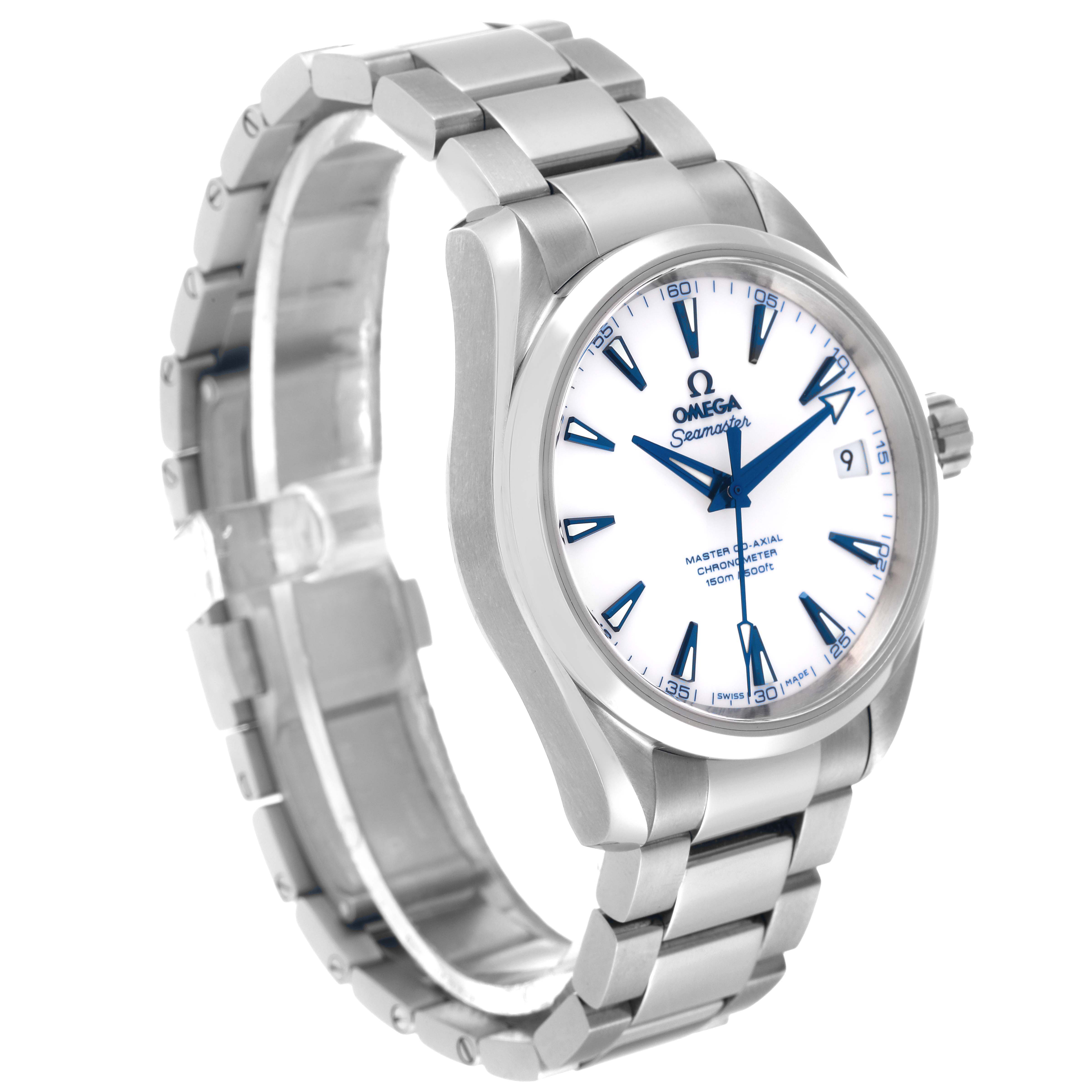 The Omega Aqua Terra 231.90.39.21.04.001 Men's Titanium White Dial 231.90.39.21.04.001 Men's Titanium White Dial watch is shown at a slight angle, displaying the face and stainless steel bracelet.