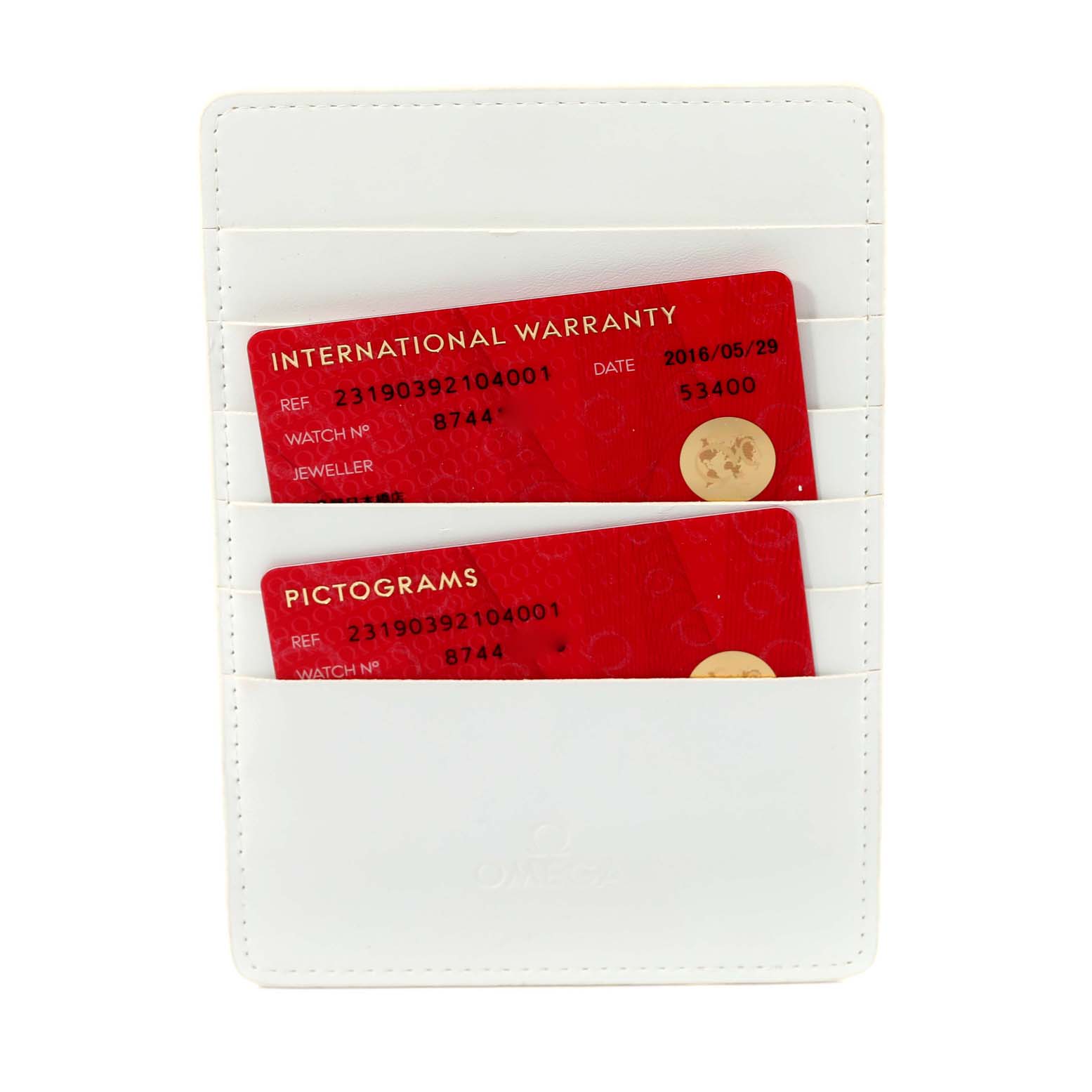 This image shows International Warranty cards for the Omega Aqua Terra 231.90.39.21.04.001 Men's Titanium White Dial 231.90.39.21.04.001 Men's Titanium White Dial model in a white cardholder.