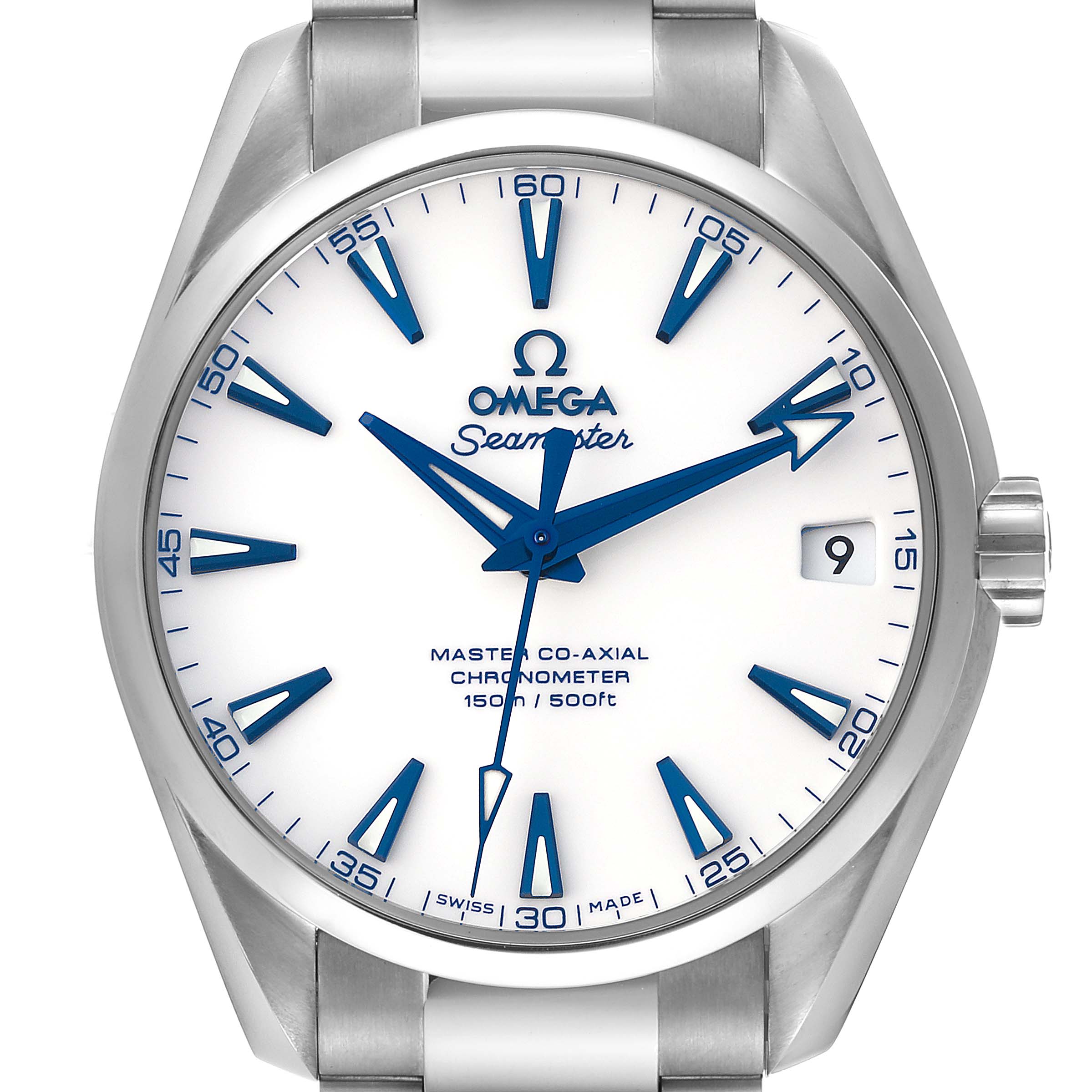The image shows a front view of an Omega Seamaster Aqua Terra model watch with a white dial and blue hour markers and hands.