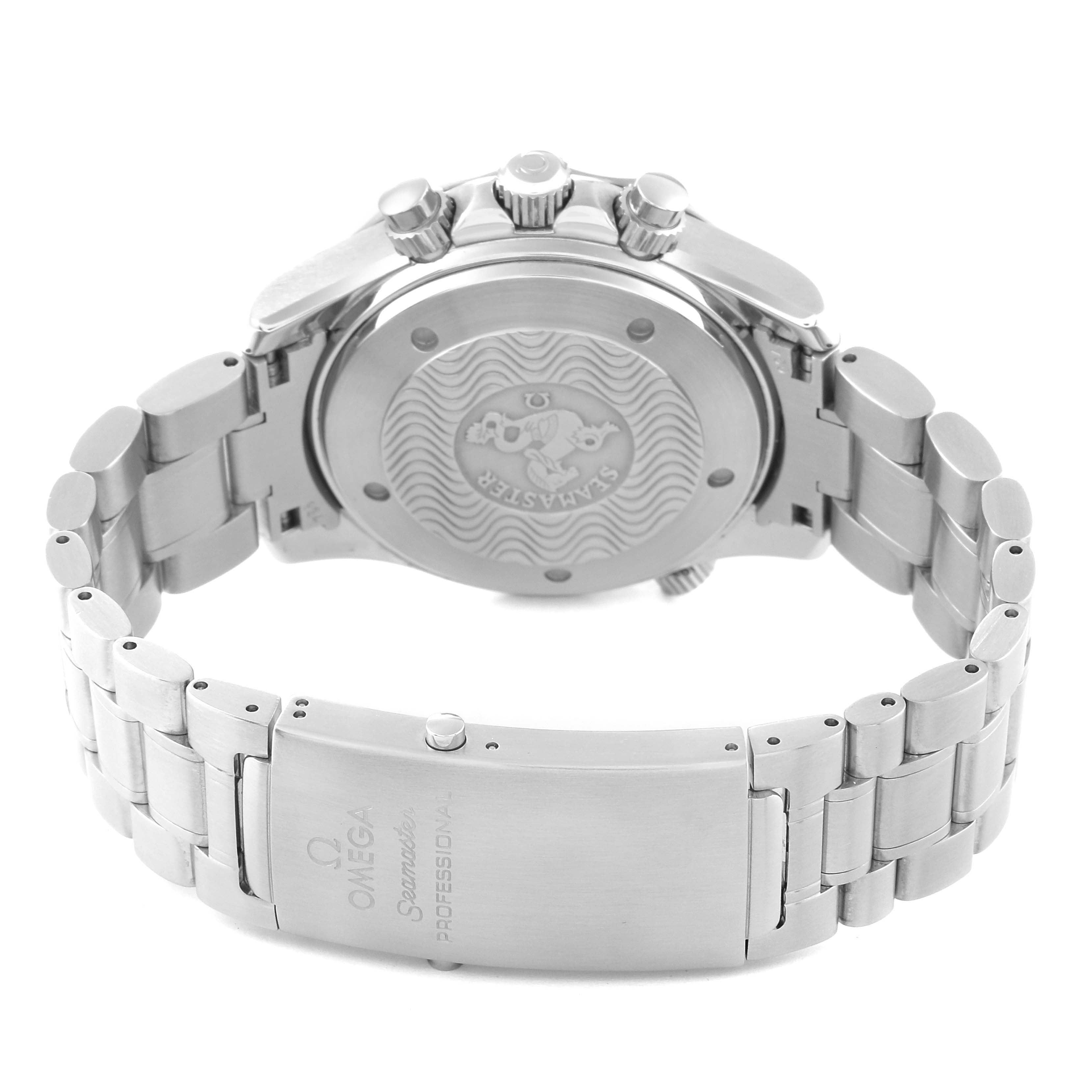 This image shows the back view of an Omega Seamaster 2594.52.00 Men
s Stainless Steel Black Dial 2594.52.00 Men
s Stainless Steel Black Dial watch, highlighting the engraved case back, crown, pushers, and metal bracelet with clasp.