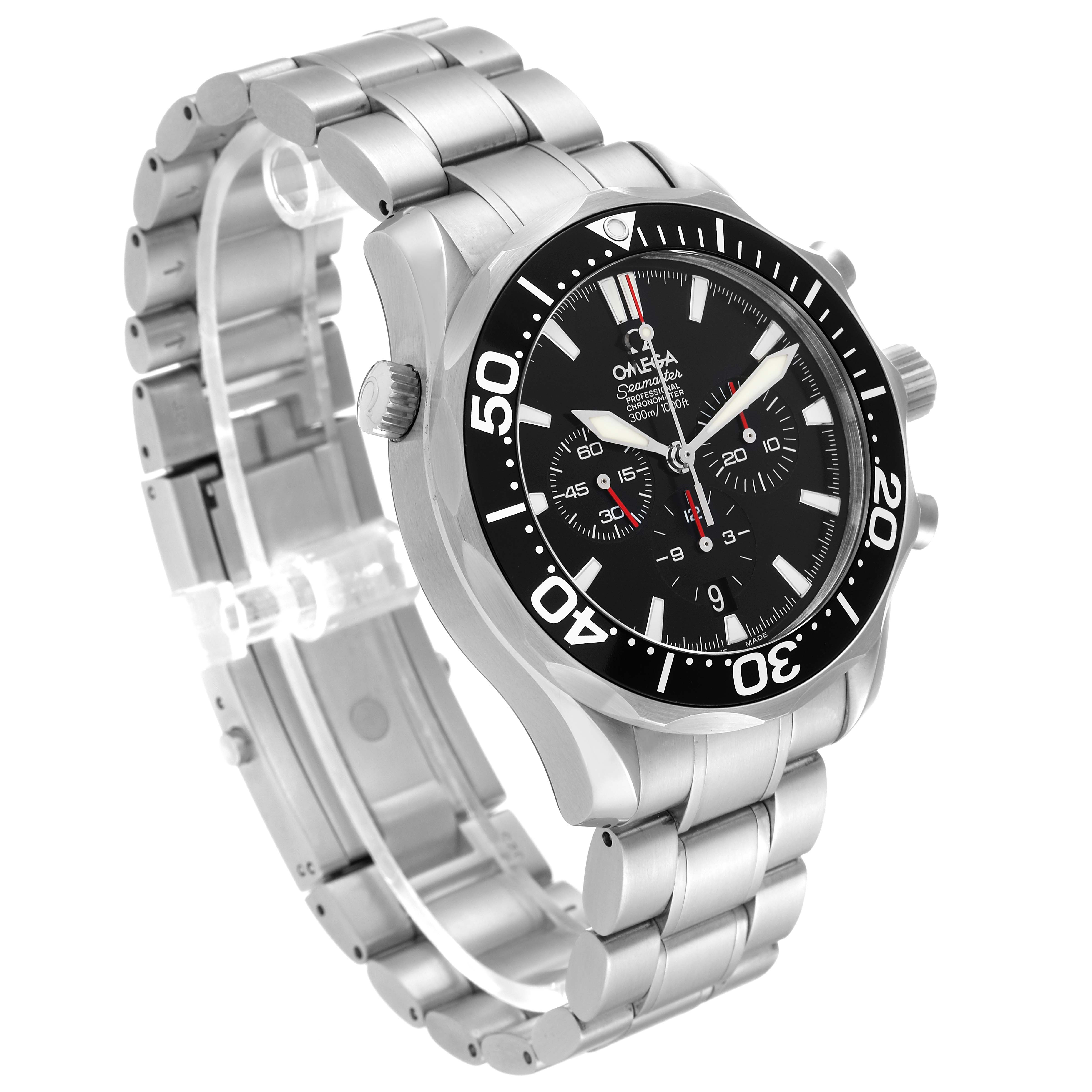 This image shows an Omega Seamaster 2594.52.00 Men
s Stainless Steel Black Dial 2594.52.00 Men
s Stainless Steel Black Dial watch at a three-quarter angle, detailing the face, bezel, crown, and metal bracelet.