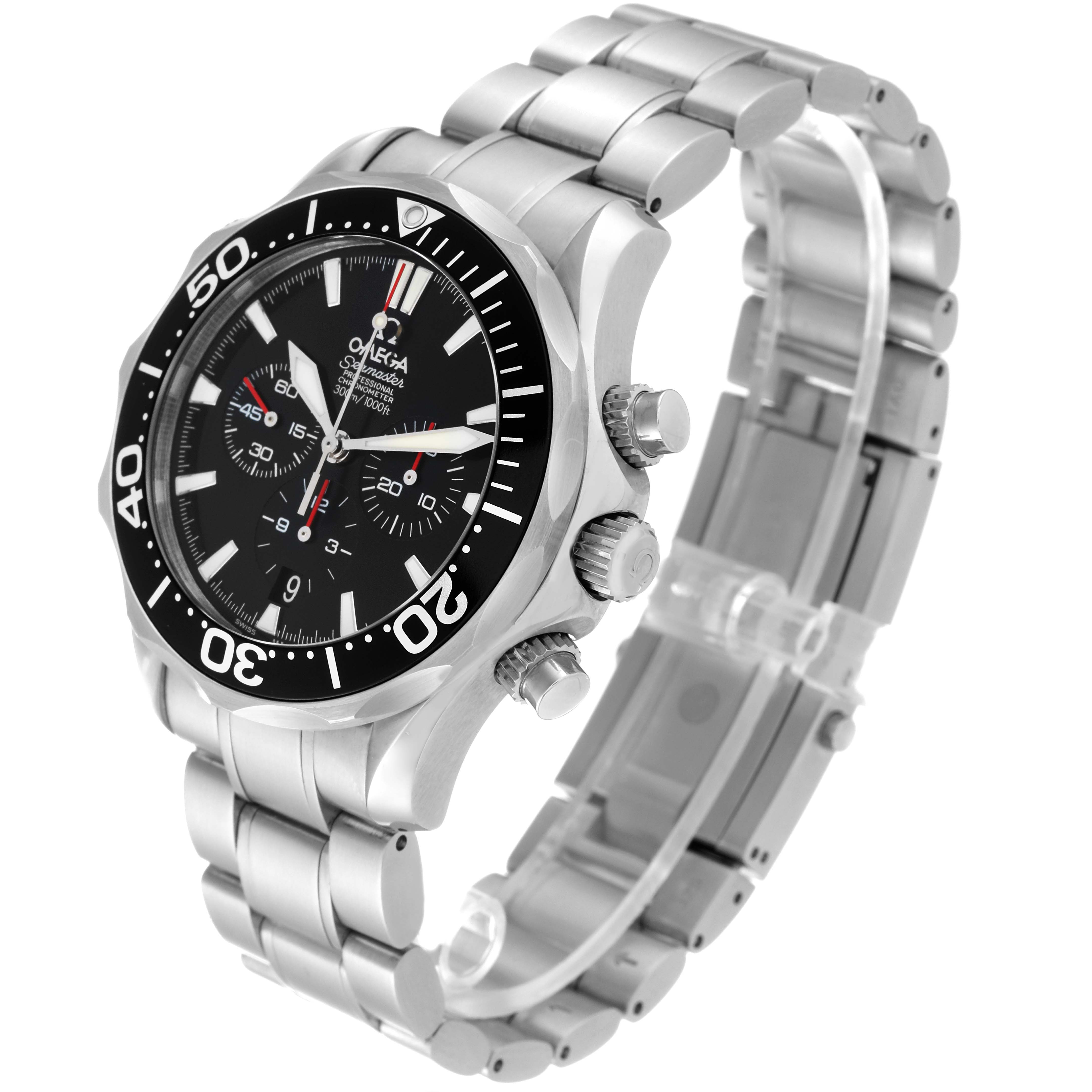 The image shows an angled view of the Omega Seamaster 2594.52.00 Men
s Stainless Steel Black Dial 2594.52.00 Men
s Stainless Steel Black Dial watch, highlighting the dial, bezel, crown, and stainless steel bracelet.