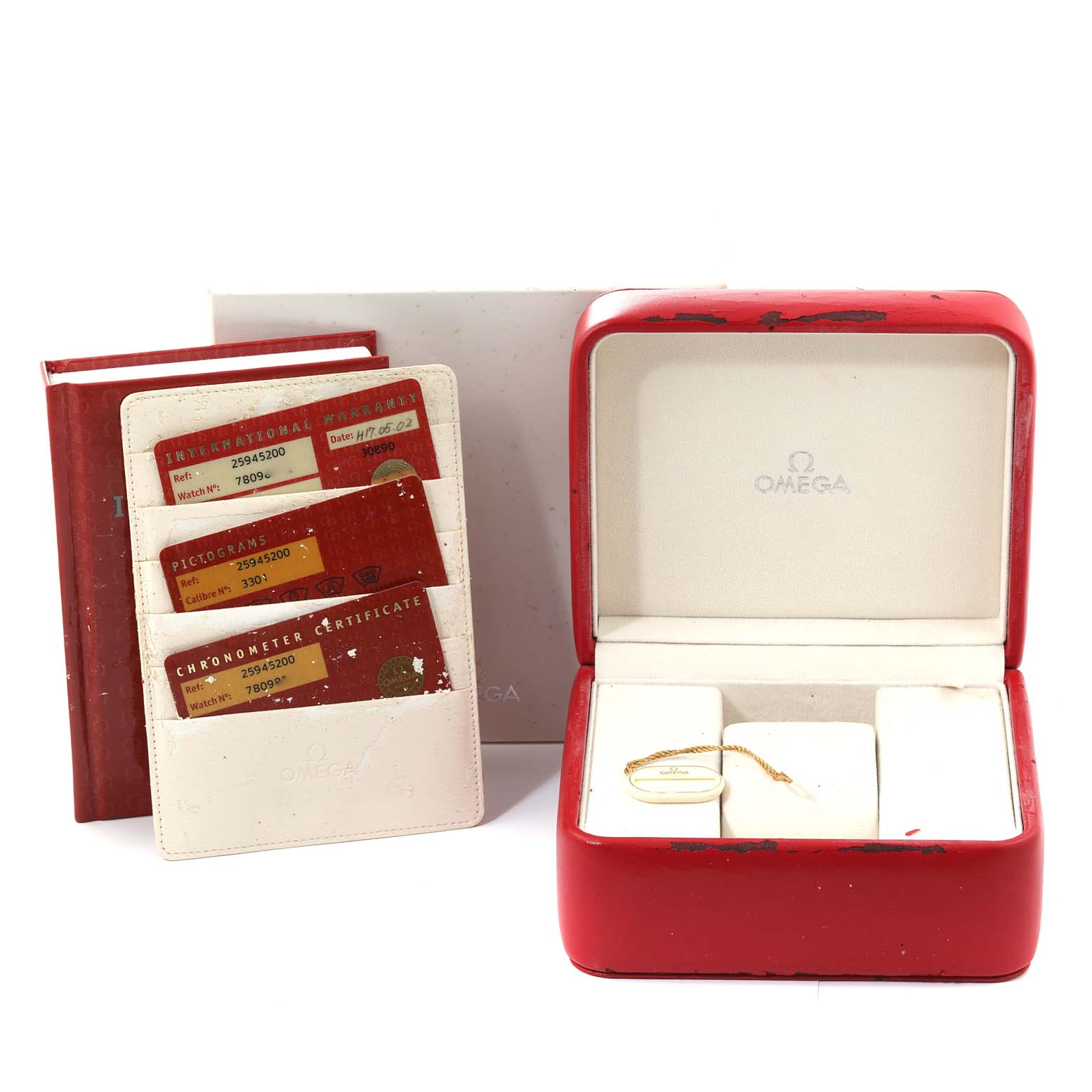 The image shows an Omega Seamaster 2594.52.00 Men
s Stainless Steel Black Dial 2594.52.00 Men
s Stainless Steel Black Dial watch box and accompanying cards viewed from the front.