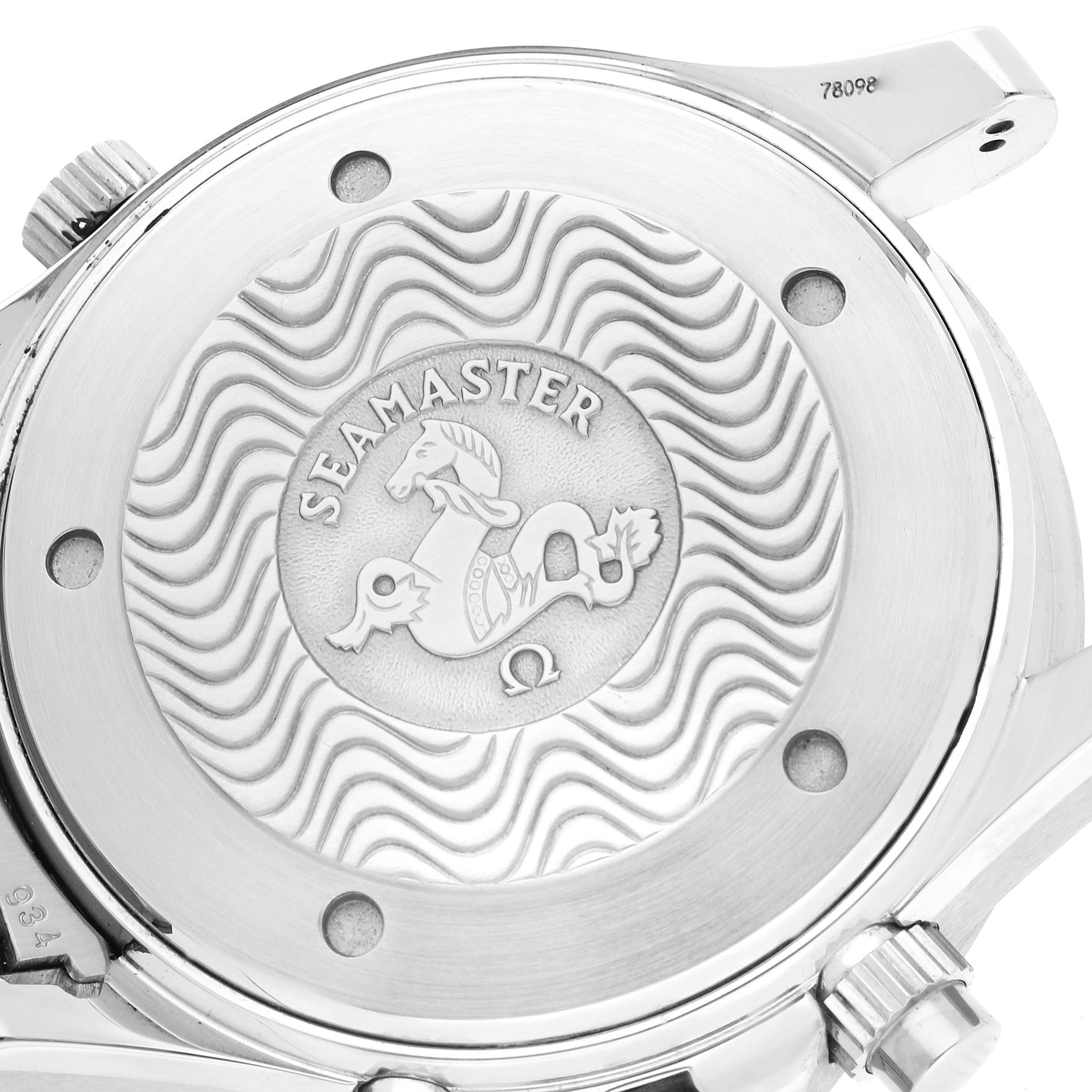 The image shows the case back and crown of an Omega Seamaster 2594.52.00 Men
s Stainless Steel Black Dial 2594.52.00 Men
s Stainless Steel Black Dial watch.