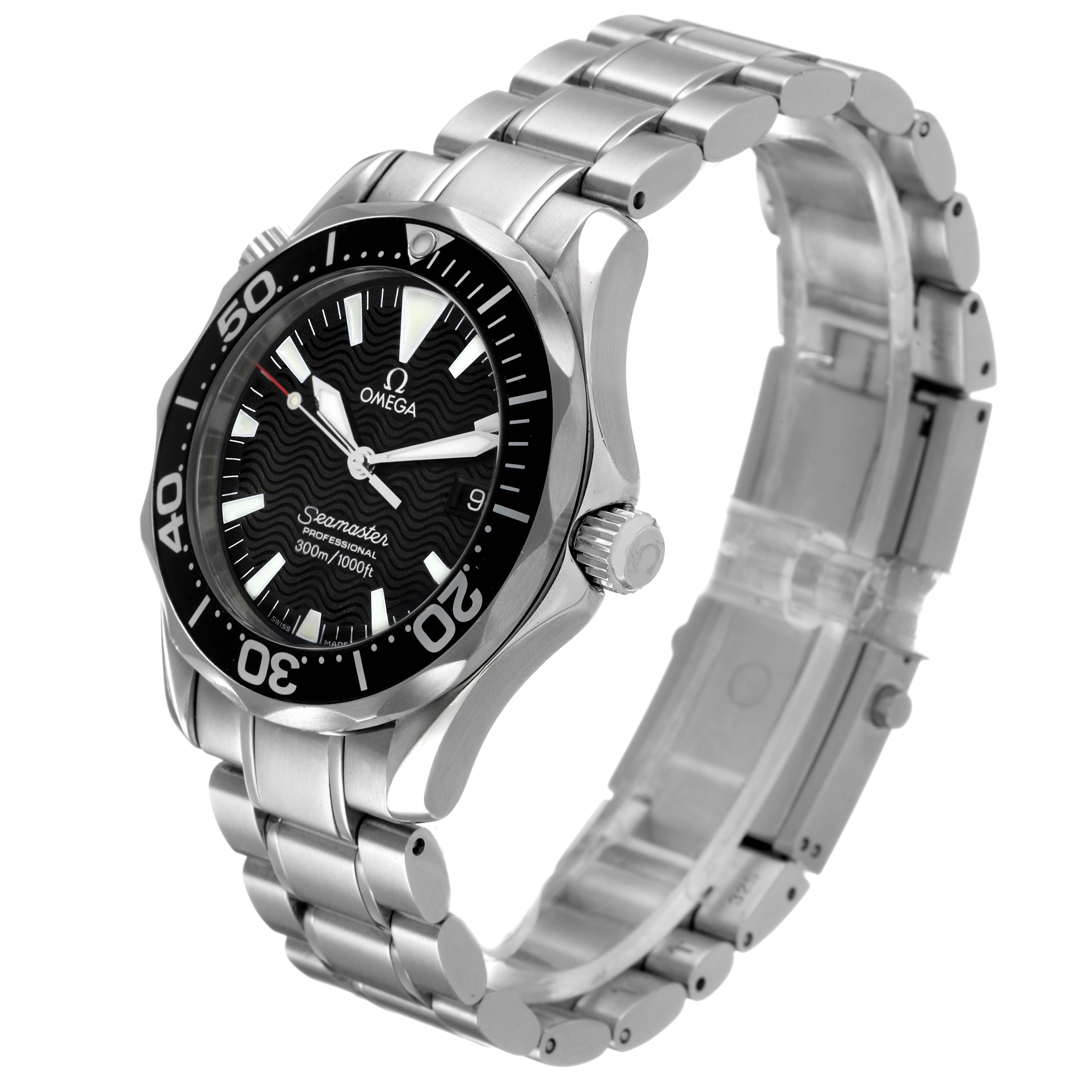 The Omega Seamaster 2262.50.00 Men's Stainless Steel Black Dial watch is shown at a three-quarter angle, highlighting the face, bezel, crown, and bracelet.