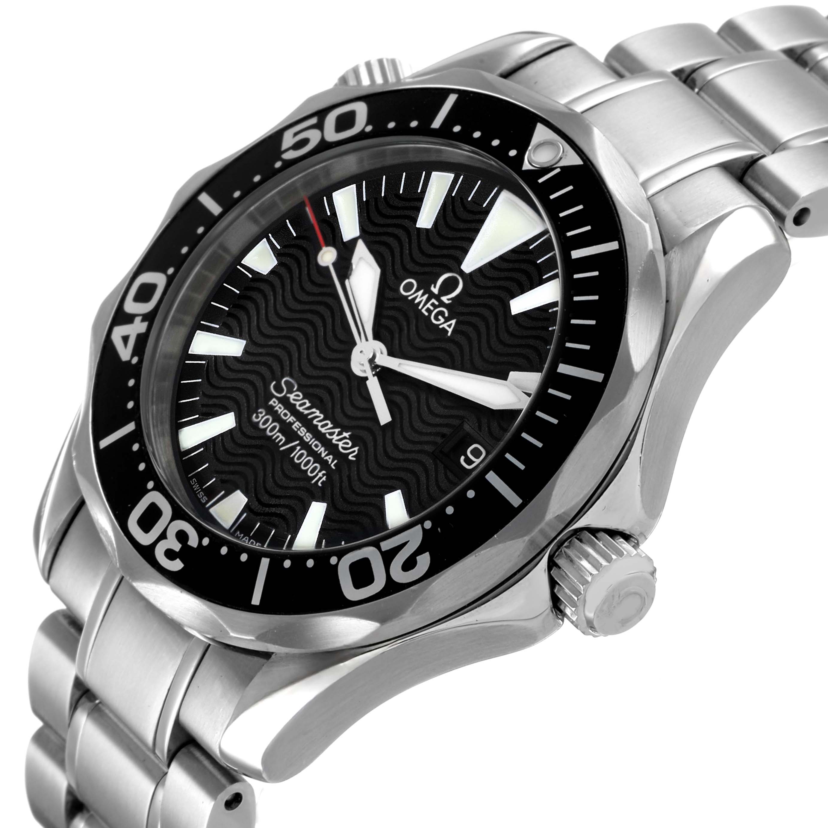 The image shows an angled view of the Omega Seamaster 2262.50.00 Men's Stainless Steel Black Dial watch, highlighting the bezel, crown, and bracelet.