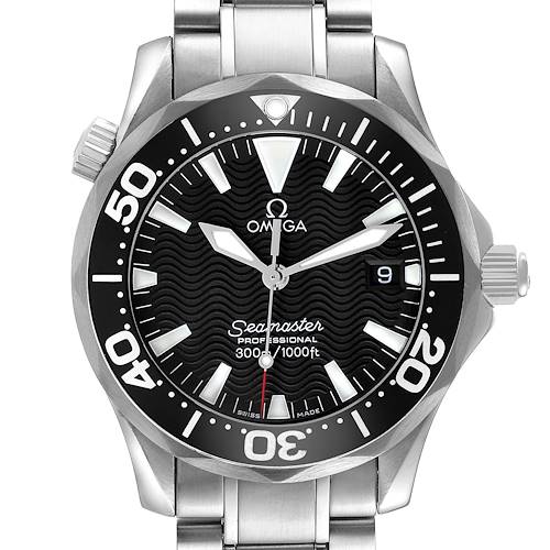 The Omega Seamaster 2262.50.00 Men's Stainless Steel Black Dial watch is shown from a front angle, displaying the face, bezel, crown, and part of the bracelet.