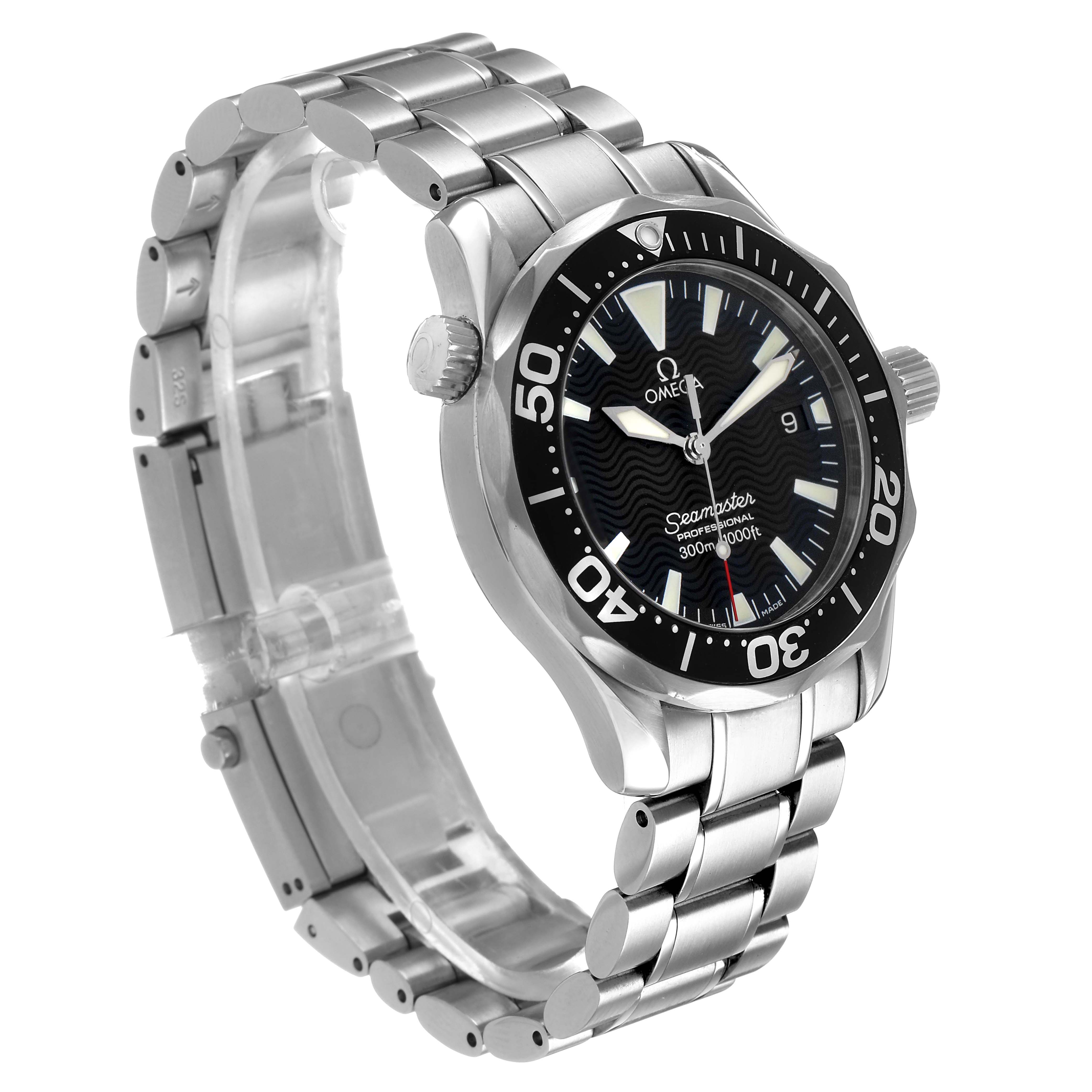 The Omega Seamaster 2262.50.00 Men's Stainless Steel Black Dial watch is shown at a three-quarter angle, highlighting the dial, bezel, crown, and stainless steel bracelet.
