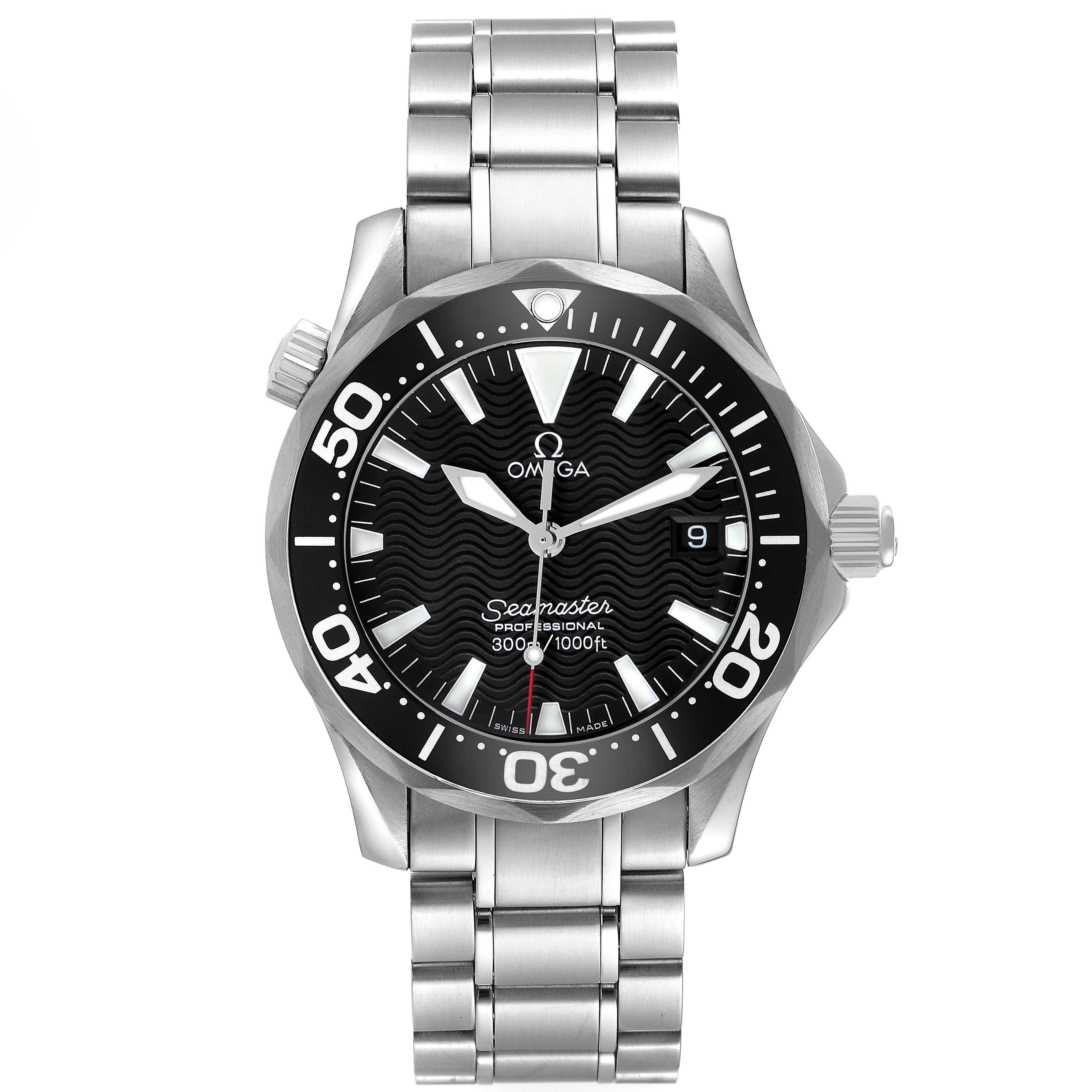 The Omega Seamaster 2262.50.00 Men's Stainless Steel Black Dial watch is shown from the front, displaying its face and stainless steel bracelet.