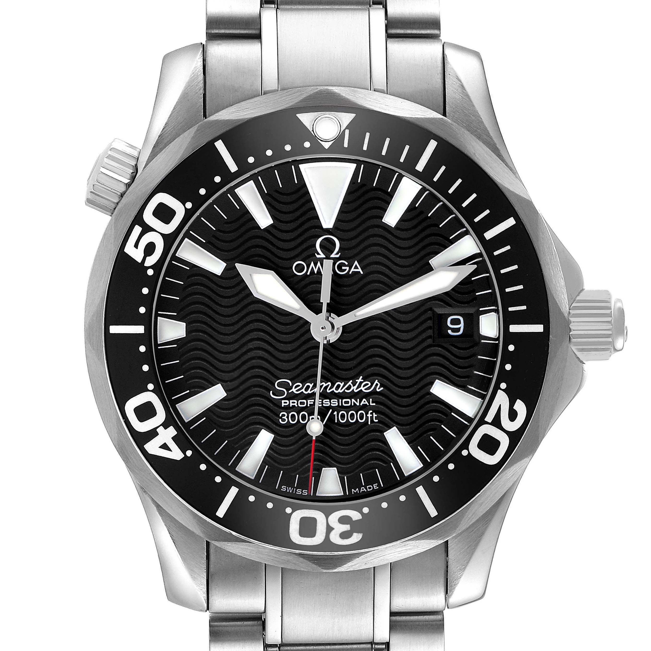 The Omega Seamaster 2262.50.00 Men's Stainless Steel Black Dial watch is shown from the front, displaying its bezel, dial, hands, date window, and crown.