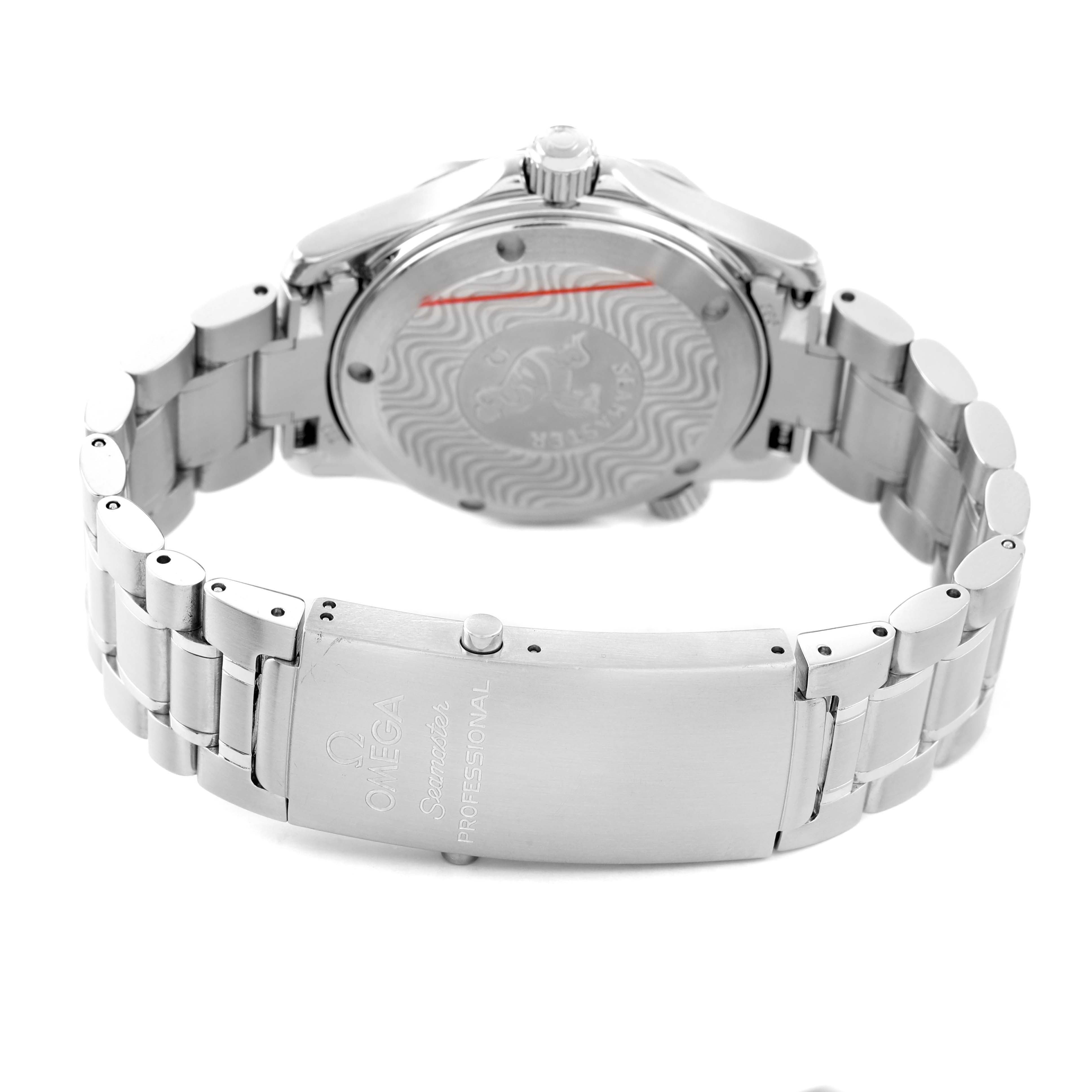 The image shows the back and clasp of the Omega Seamaster 2262.50.00 Men's Stainless Steel Black Dial's bracelet, highlighting the engraved design and branding.