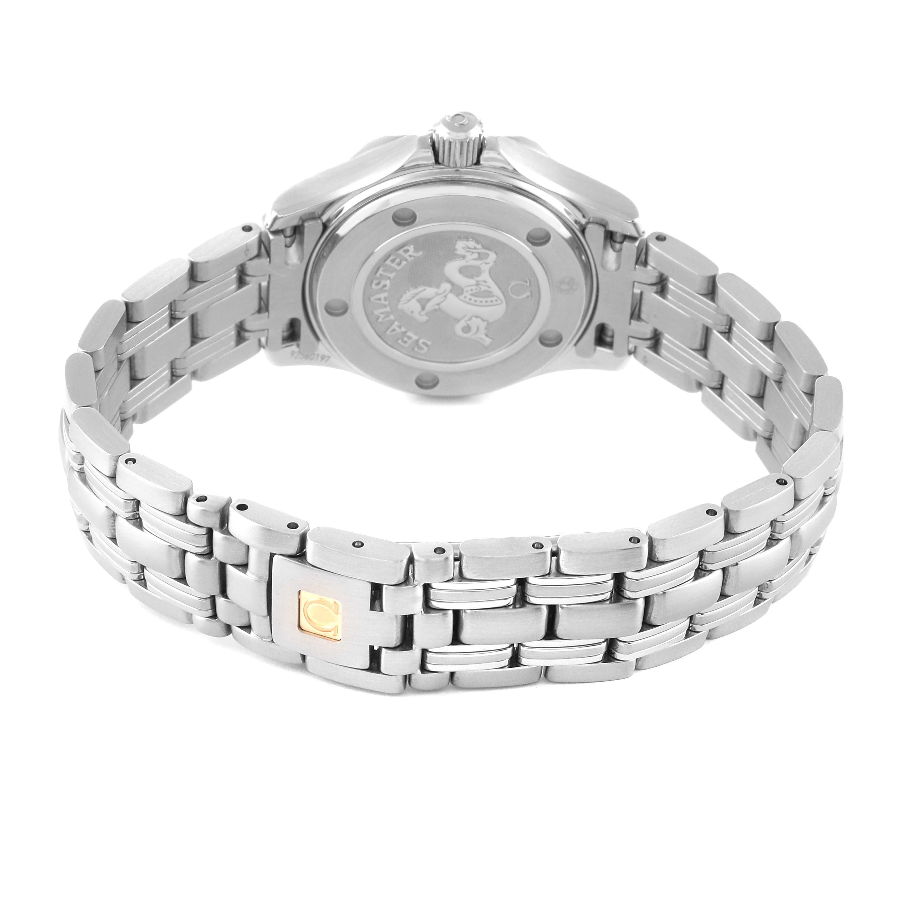 The image shows the back and bracelet of the Omega 212.30.28.61.01.001 Women's Stainless Steel Black Dial 212.30.28.61.01.001 Women's Stainless Steel Black Dial Seamaster Diver 300M 28mm Quartz Ladies Watch 212.30.28.61.01.001.