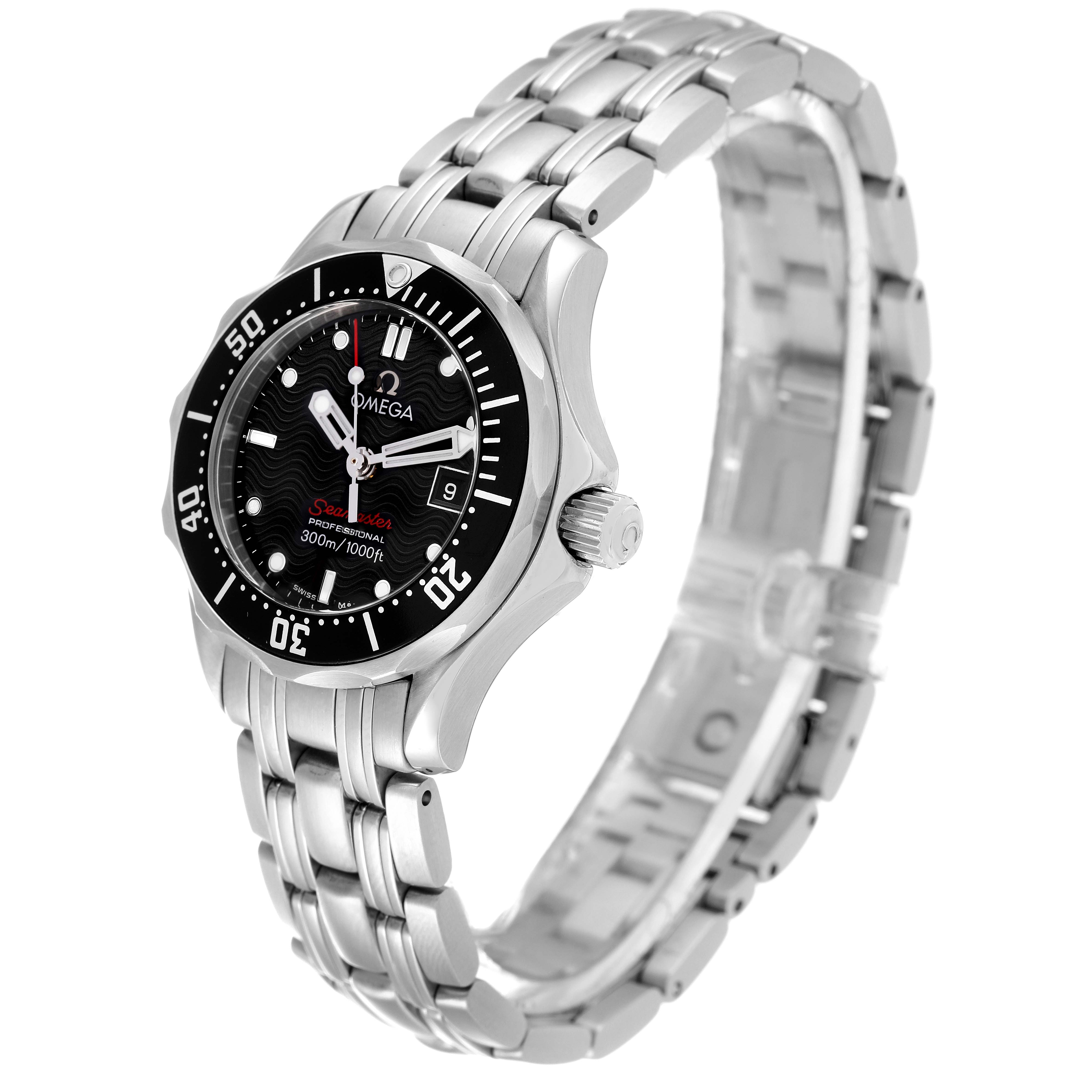 The Omega 212.30.28.61.01.001 Women's Stainless Steel Black Dial 212.30.28.61.01.001 Women's Stainless Steel Black Dial Seamaster Diver 300M 28mm Quartz Ladies Watch 212.30.28.61.01.001 is shown from a side angle highlighting the bezel, dial, and bracelet.