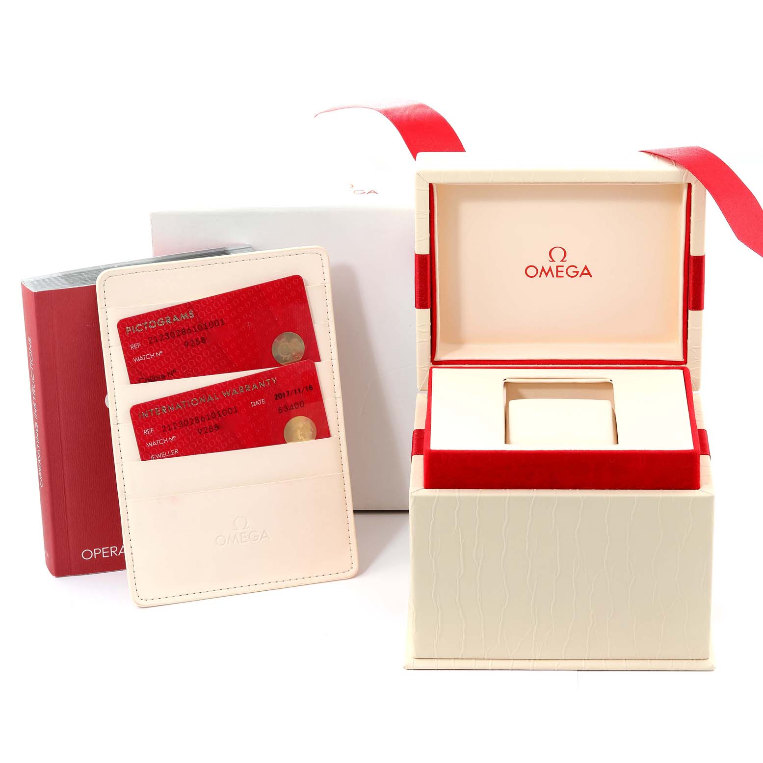 The image shows the packaging, international warranty cards, and open watch box for an Omega 212.30.28.61.01.001 Women's Stainless Steel Black Dial 212.30.28.61.01.001 Women's Stainless Steel Black Dial Seamaster Diver 300M 28mm Quartz Ladies Watch model 212.30.28.61.01.001.