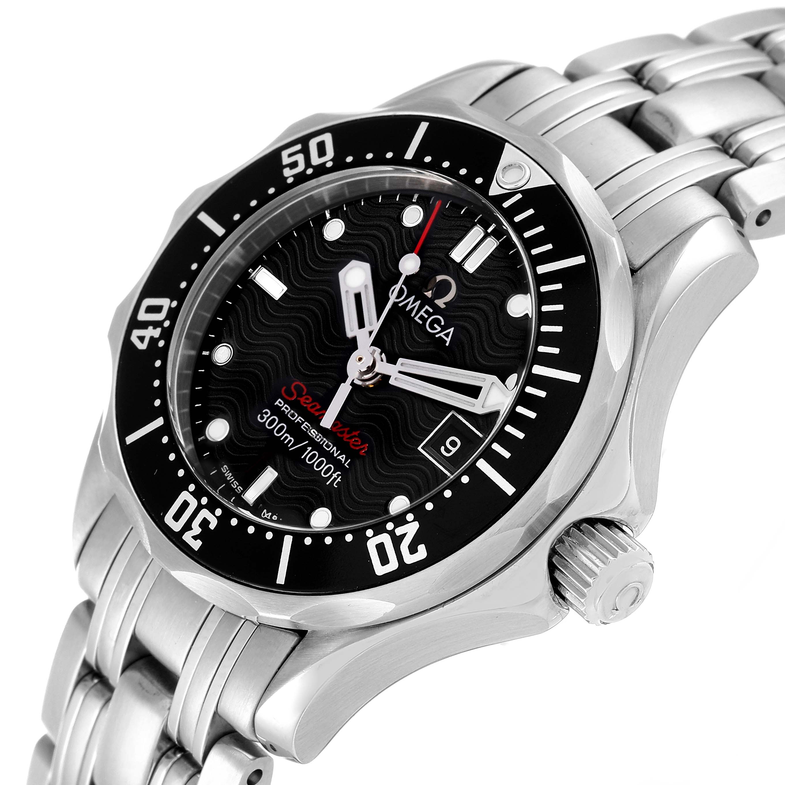 The Omega 212.30.28.61.01.001 Women's Stainless Steel Black Dial 212.30.28.61.01.001 Women's Stainless Steel Black Dial Seamaster Diver 300M 28mm Quartz Ladies Watch 212.30.28.61.01.001 is shown at an angle highlighting the dial, bezel, and part of the bracelet.