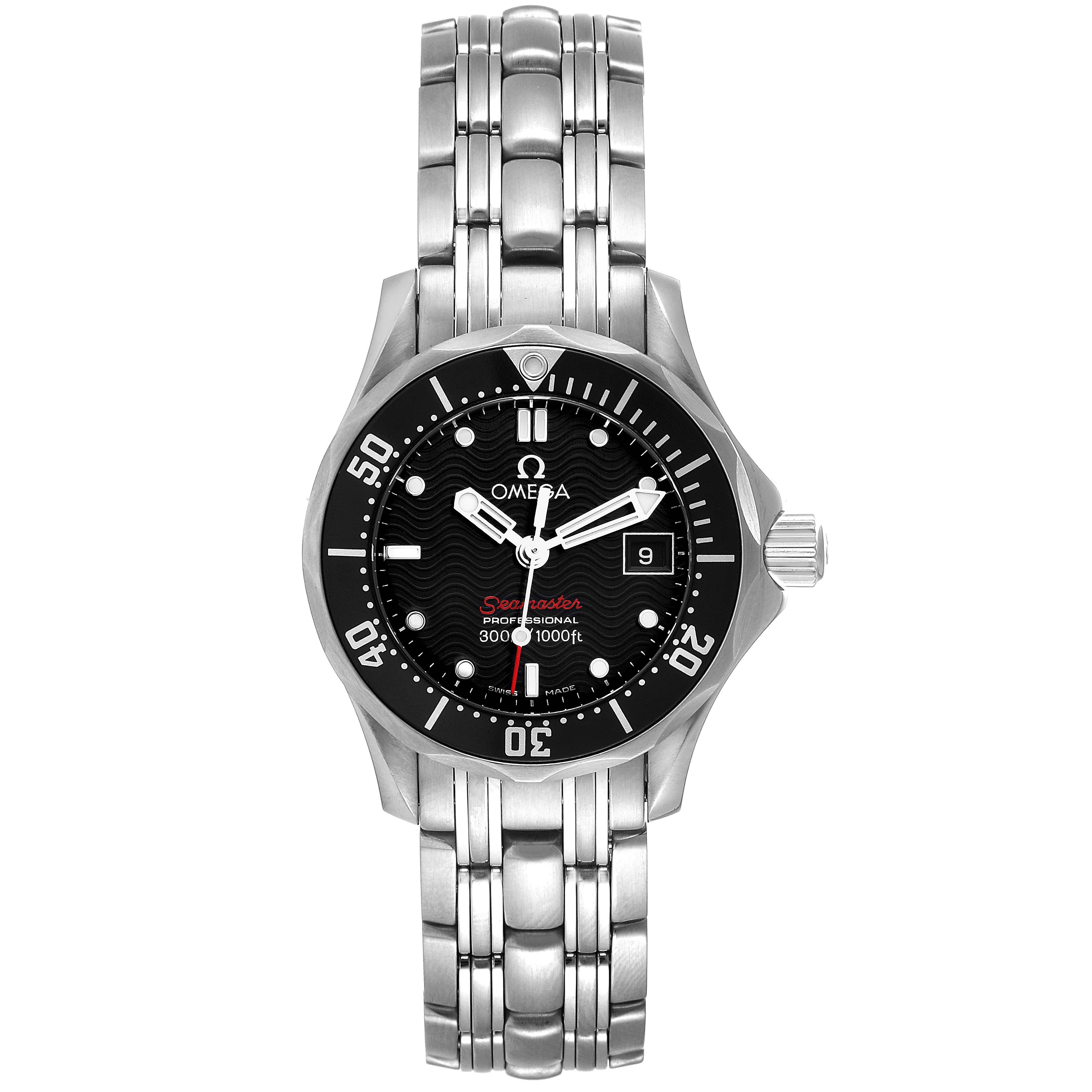 The Omega 212.30.28.61.01.001 Women's Stainless Steel Black Dial 212.30.28.61.01.001 Women's Stainless Steel Black Dial Seamaster Diver 300M 28mm Quartz Ladies Watch model 212.30.28.61.01.001 is shown from the front, displaying the dial and bracelet.
