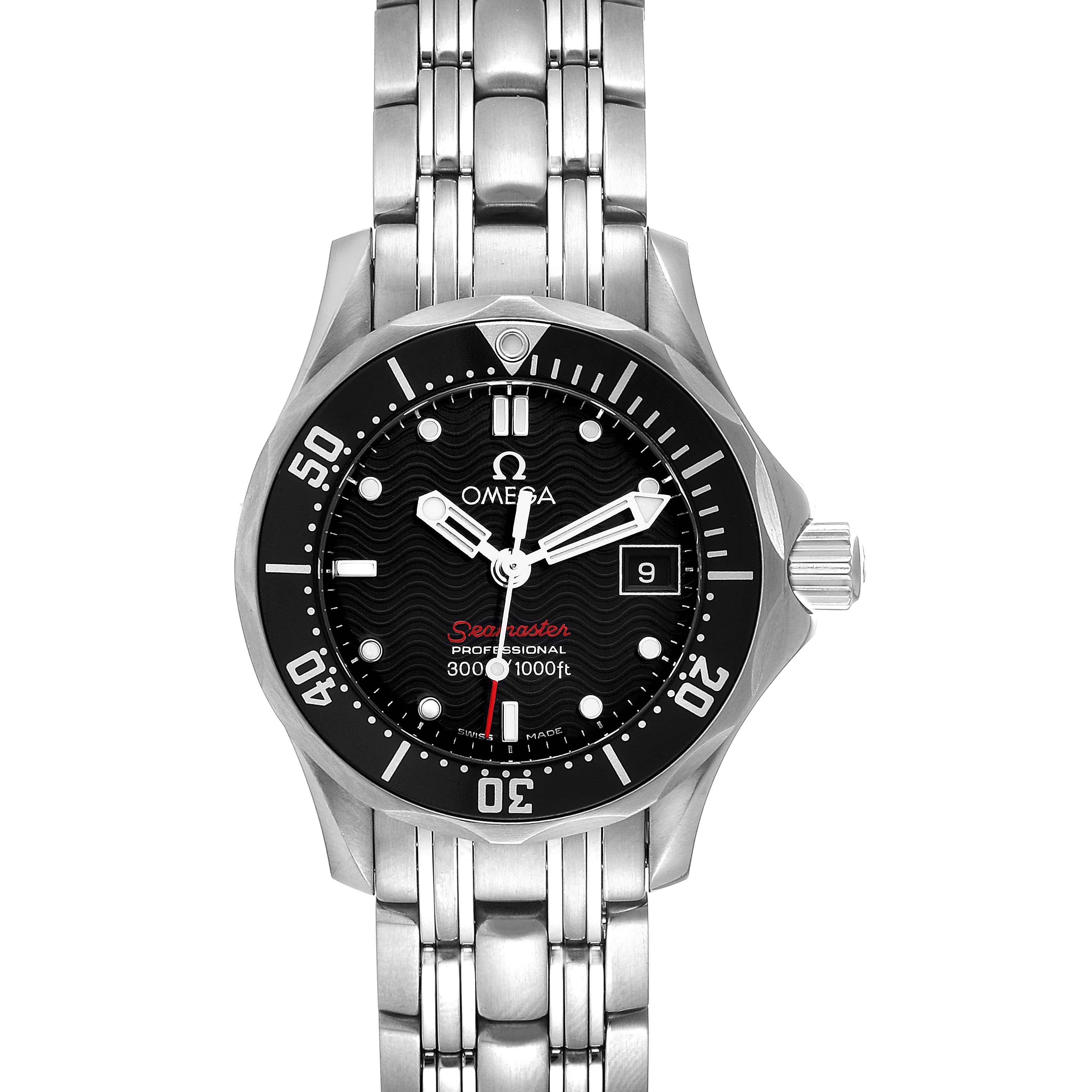 The image shows a front view of the Omega 212.30.28.61.01.001 Women's Stainless Steel Black Dial 212.30.28.61.01.001 Women's Stainless Steel Black Dial Seamaster Diver 300M 28mm Quartz Ladies Watch 212.30.28.61.01.001, displaying the dial and bracelet.
