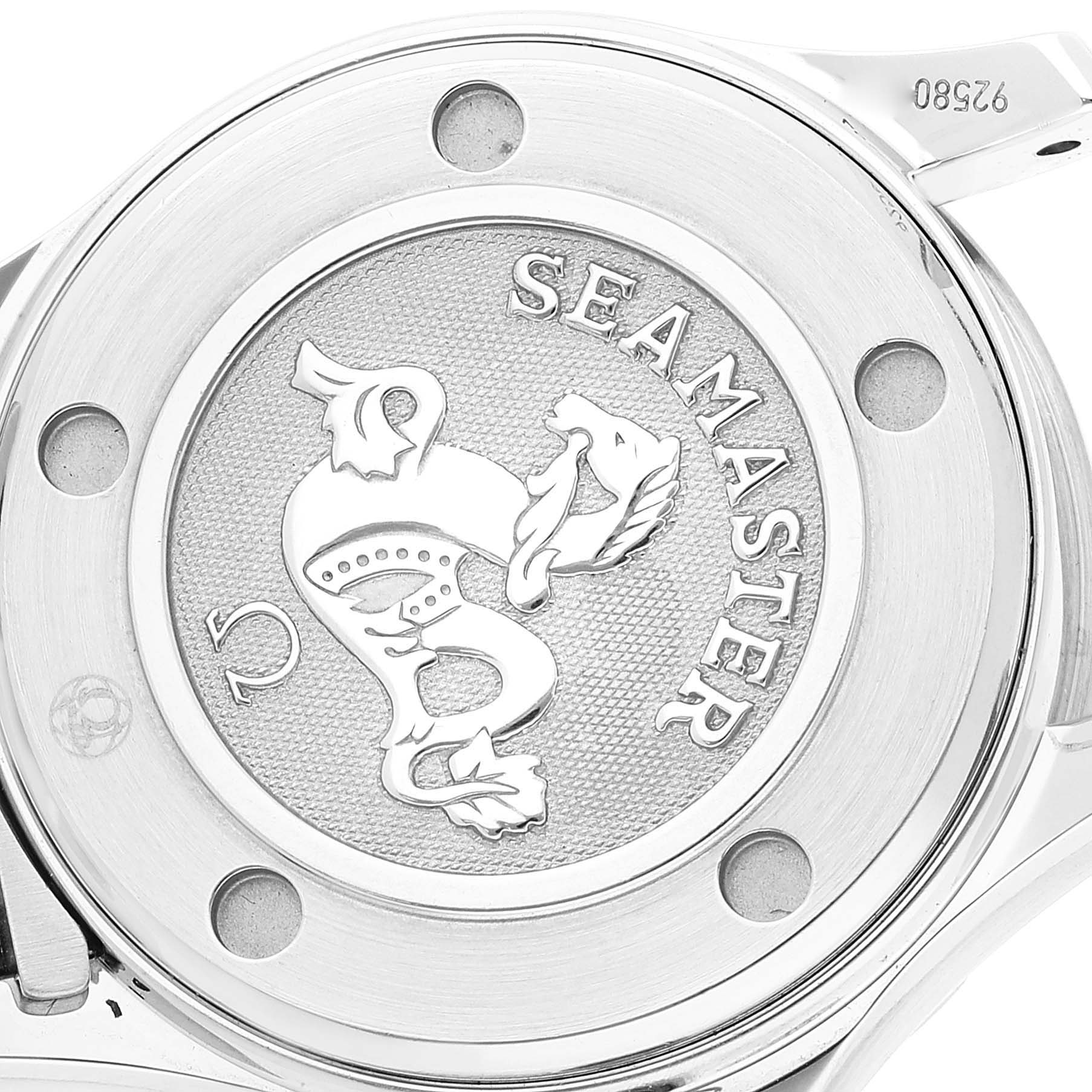 This close-up image shows the backcase detailing of the Omega 212.30.28.61.01.001 Women's Stainless Steel Black Dial 212.30.28.61.01.001 Women's Stainless Steel Black Dial Seamaster Diver 300M 28mm Quartz Ladies Watch 212.30.28.61.01.001.