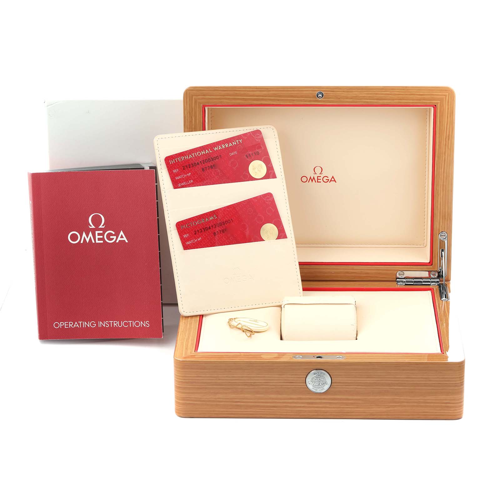 The image shows an Omega Seamaster 212.30.41.20.03.001 Men
s Stainless Steel Blue Dial 212.30.41.20.03.001 Men
s Stainless Steel Blue Dial watch box, warranty cards, and operating instructions from a front angle.