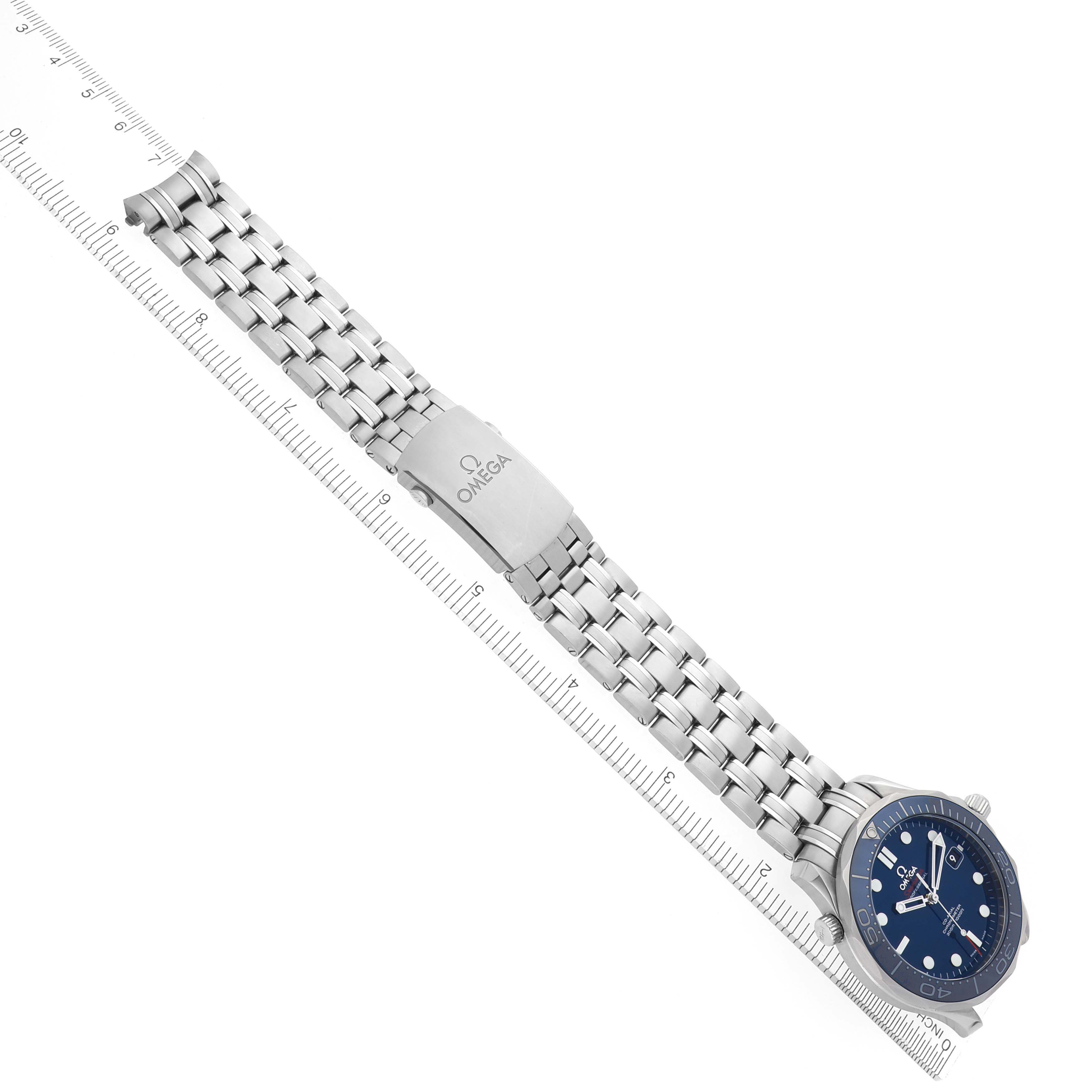 The image shows the Omega Seamaster 212.30.41.20.03.001 Men
s Stainless Steel Blue Dial 212.30.41.20.03.001 Men
s Stainless Steel Blue Dial watch from an angled top view, highlighting the face, bracelet, and clasp.