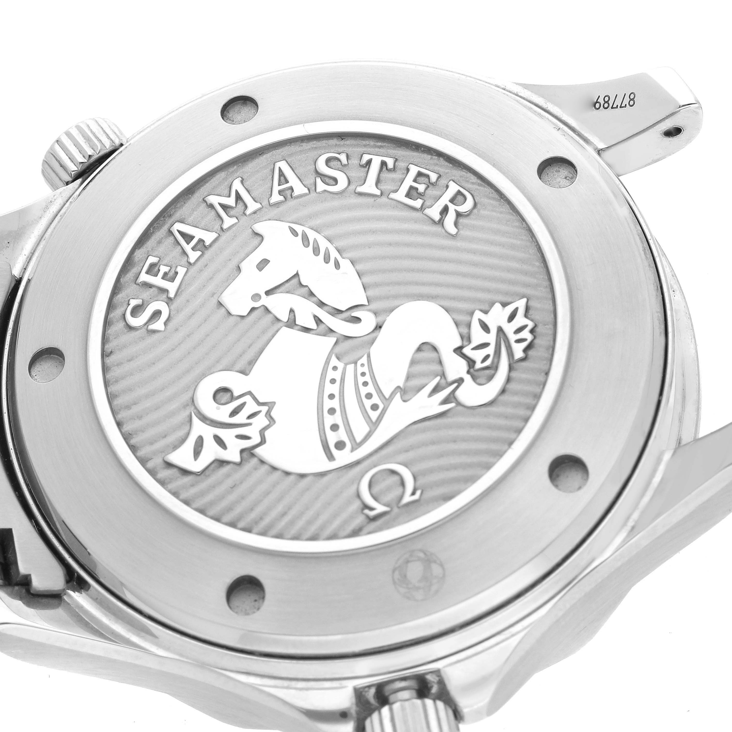 The image shows the back case of an Omega Seamaster 212.30.41.20.03.001 Men
s Stainless Steel Blue Dial 212.30.41.20.03.001 Men
s Stainless Steel Blue Dial with the Seamonster engraving and Omega logo.