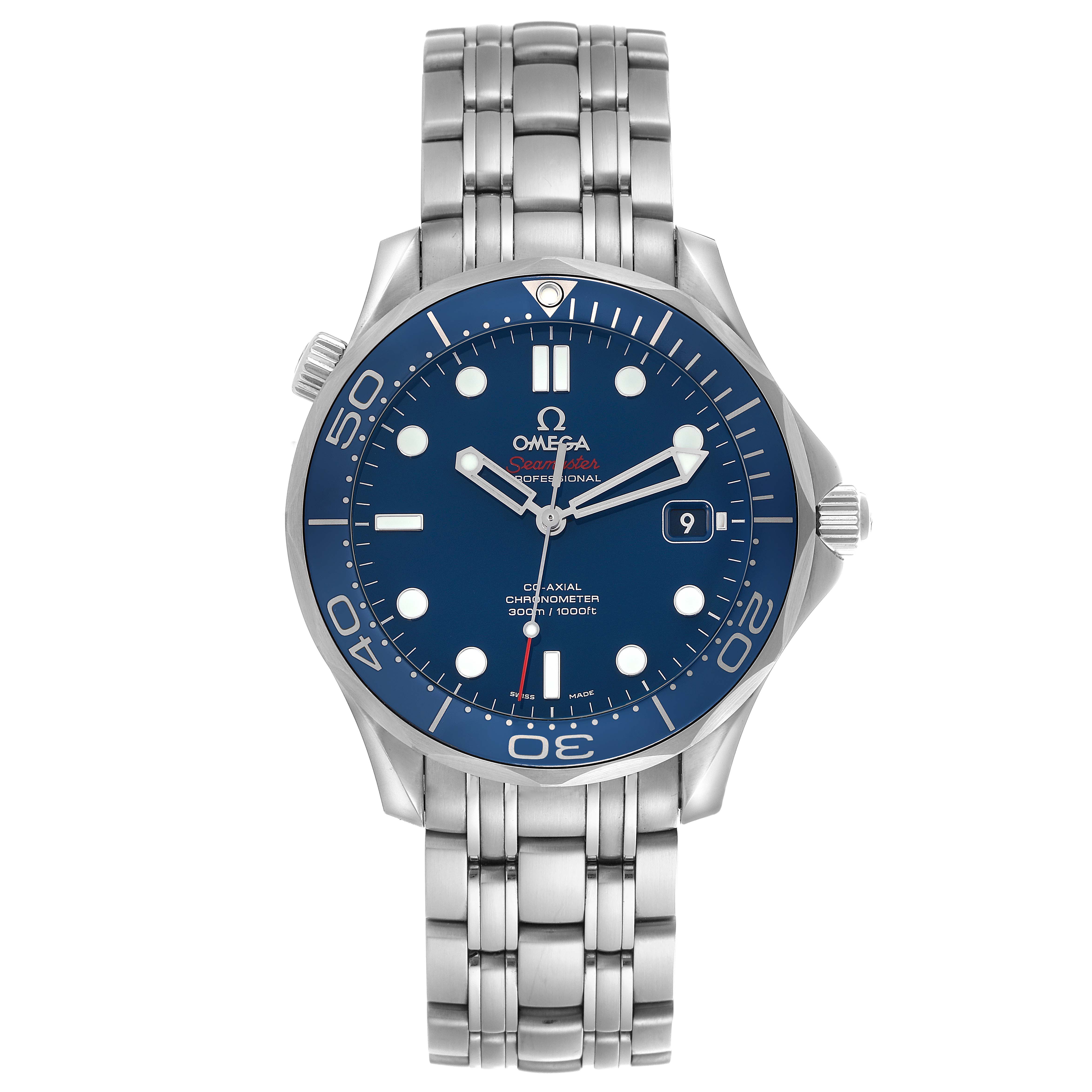 The Omega Seamaster 212.30.41.20.03.001 Men
s Stainless Steel Blue Dial 212.30.41.20.03.001 Men
s Stainless Steel Blue Dial watch is shown from a top-down angle, highlighting the face, bezel, and bracelet.