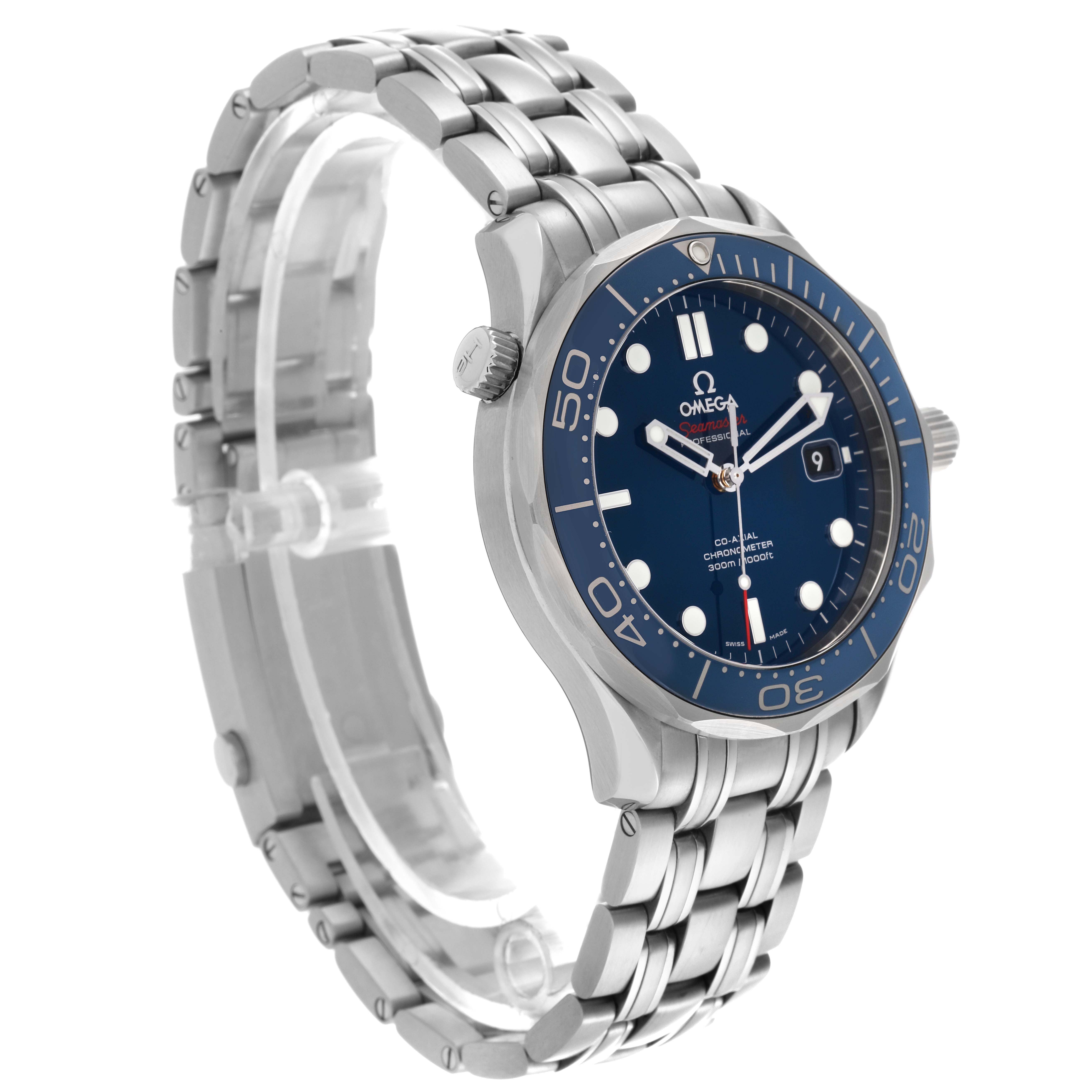 The Omega Seamaster 212.30.41.20.03.001 Men
s Stainless Steel Blue Dial 212.30.41.20.03.001 Men
s Stainless Steel Blue Dial watch is shown at a three-quarter angle highlighting the dial, bezel, bracelet, and crown.