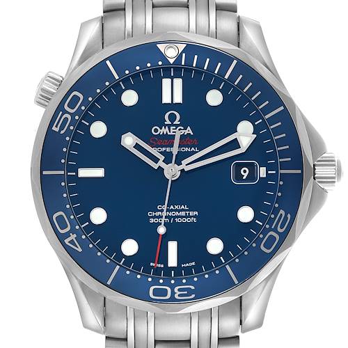 The image shows a front view of the Omega Seamaster watch, highlighting the face, bezel, and part of the bracelet.