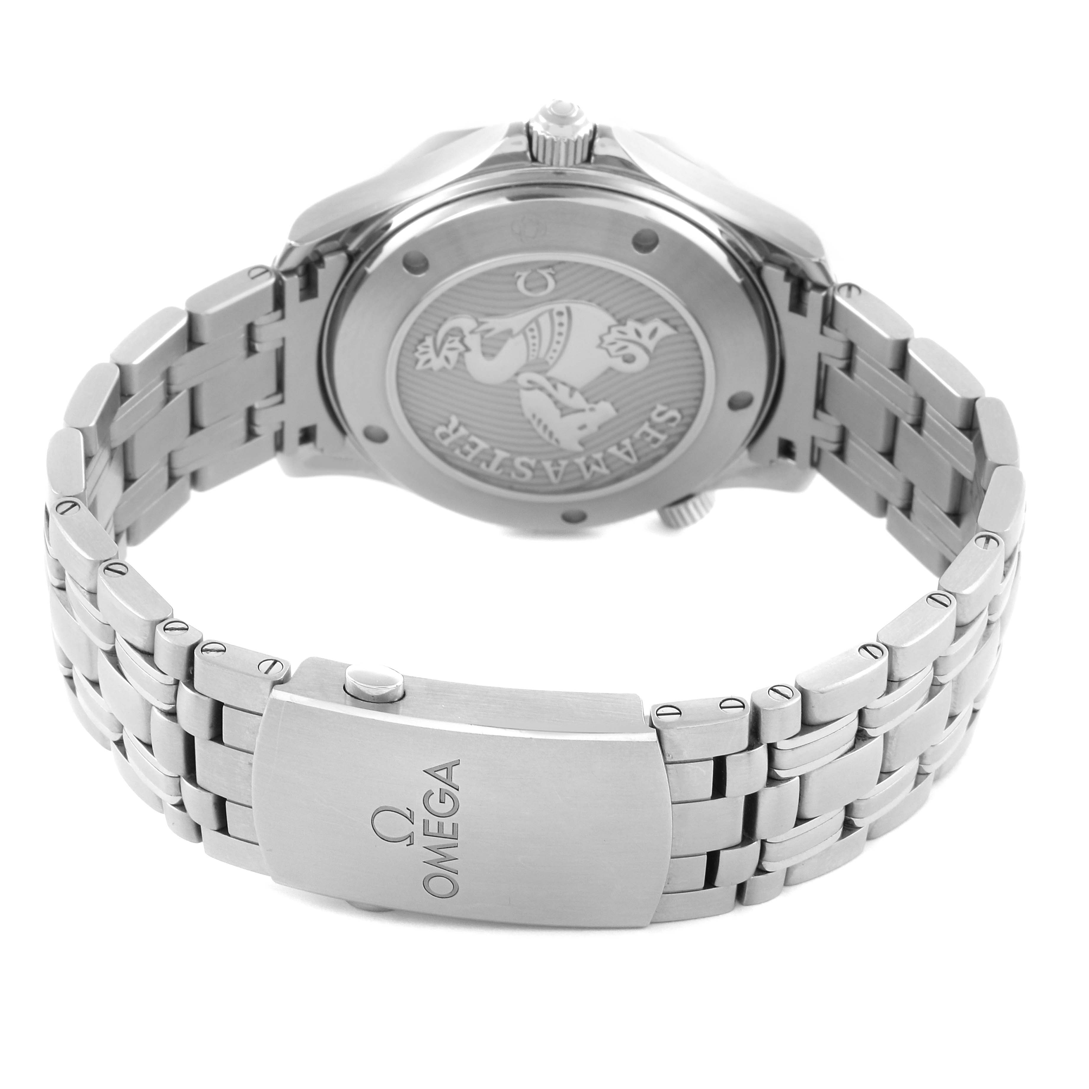 The Omega Seamaster 212.30.41.20.03.001 Men
s Stainless Steel Blue Dial 212.30.41.20.03.001 Men
s Stainless Steel Blue Dial watch is shown from the back, highlighting the case back and metal bracelet with the Omega logo on the clasp.